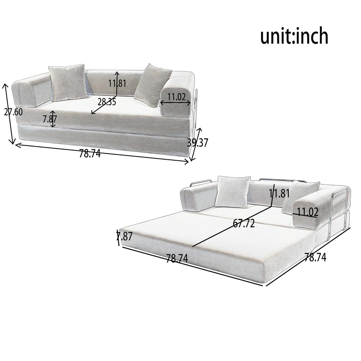 KEIKI Convertible Futon Floor Sofa Bed with Pillows, Corduroy Foldable Sleeper Couch for Living Room & Bedroom, Tangerine