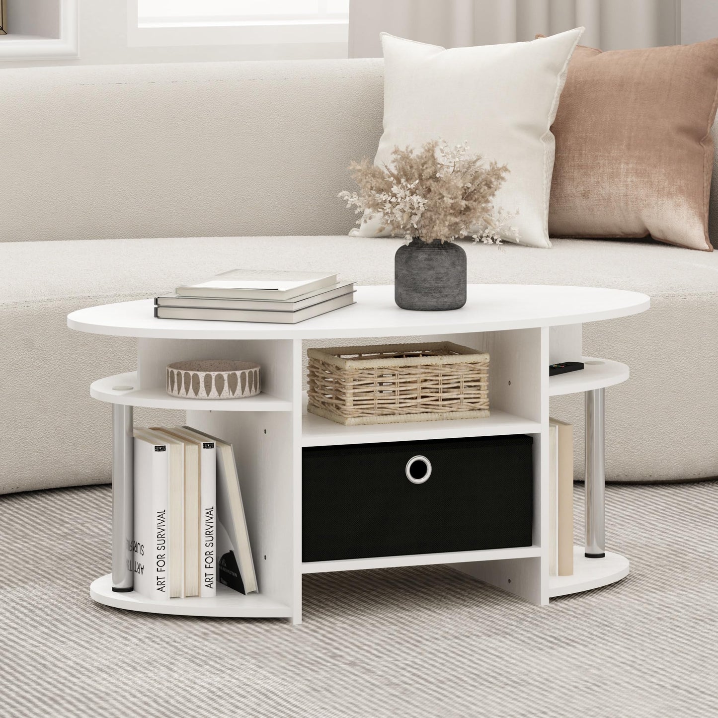 Furinno Jaya Oval Modern White Coffee Table with Side Shelves and Storage Bin, Side Table with Shelf, for Living Room, Bedroom, Home Office, White Wood/Stainless Steel