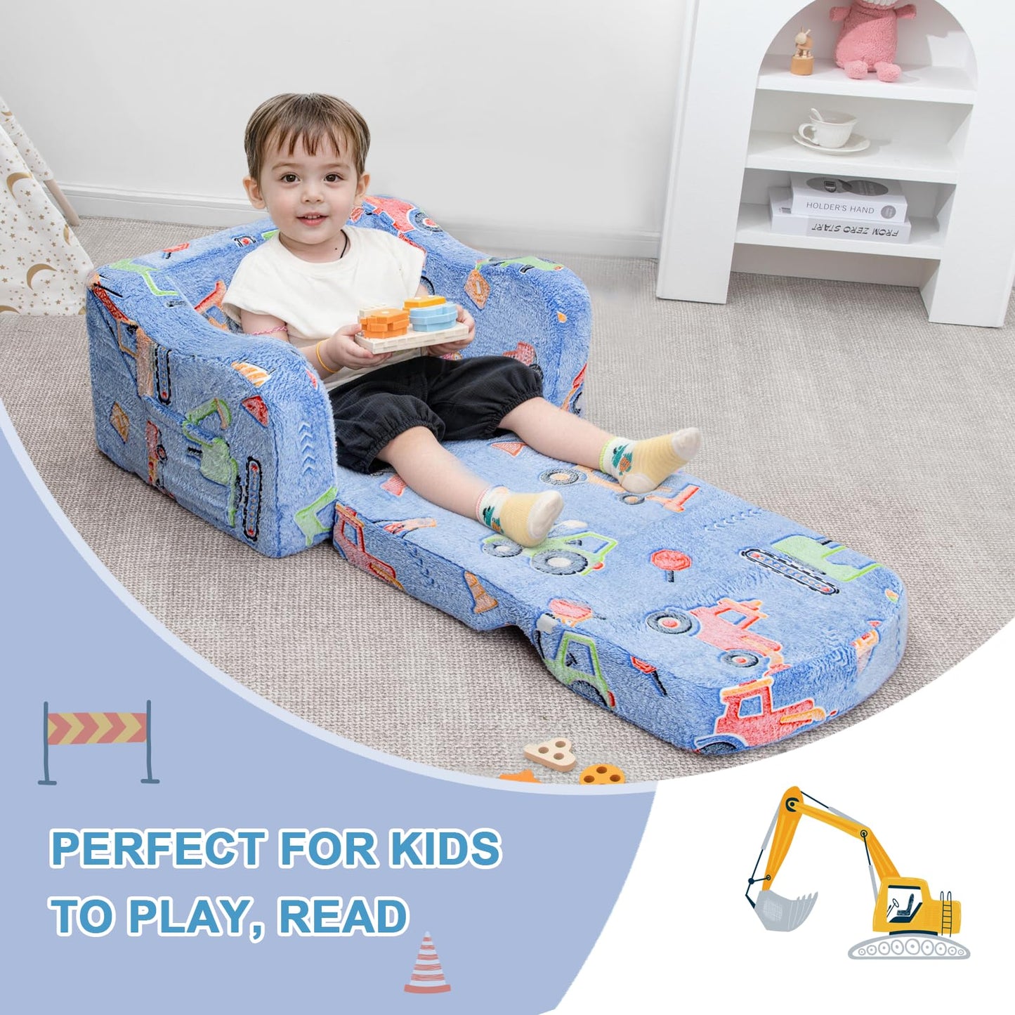 Airpanda Comfy Kids Chair and Couch with Blanket,2-in-1 Soft Fold Out Couch for Girls and Boys,Convertible Sofa Chair for Playroom,Car Excavator