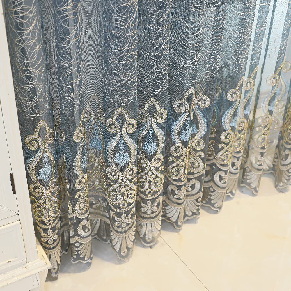 Amidoudou 1 Pair European Jacquard Sheer Curtains Embroidered Tulle Curtains Living Room Bedroom Luxury Translucent Window screening (Blue Grey,63x96 Inch)