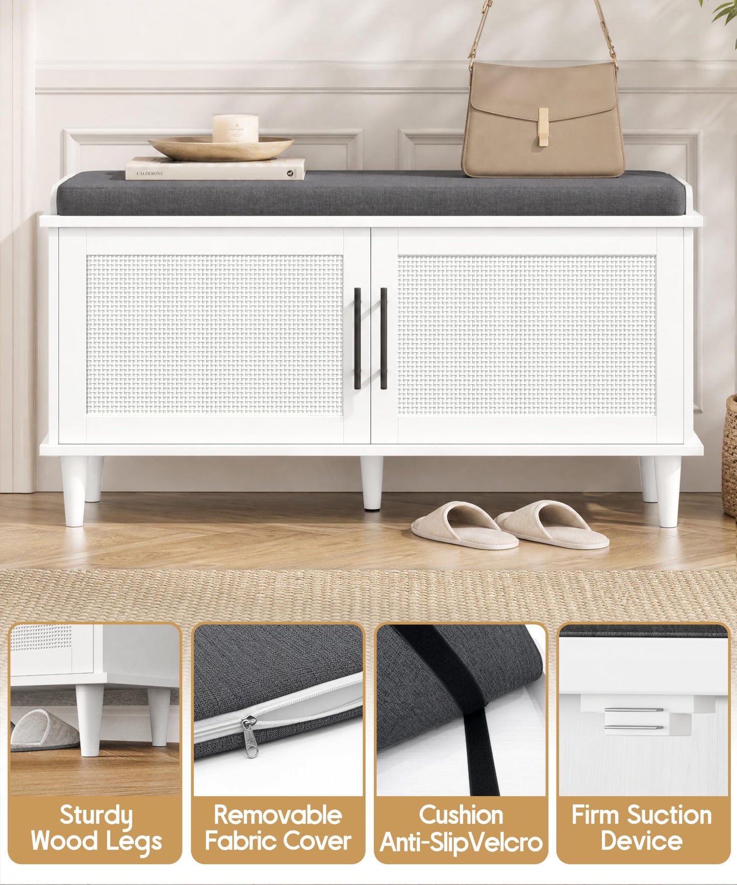 Akxomel Rattan Shoe Storage Bench with Cushion, 2-Tier Entryway Bench with Adjustable Shelves and 2 Doors, 15" D x 39.4" W x 20" H, Solid Wood Legs, for Hallway, Living Room, Bedroom, White