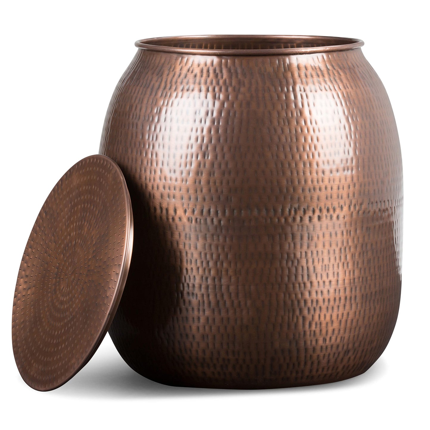 SIMPLIHOME Griffen Metal Storage Accent Table - 19 inch Wide Solid Metal Round Drum Side Table in Antique Copper, Industrial End Table for Living Room with Hidden Storage Space, Assembled
