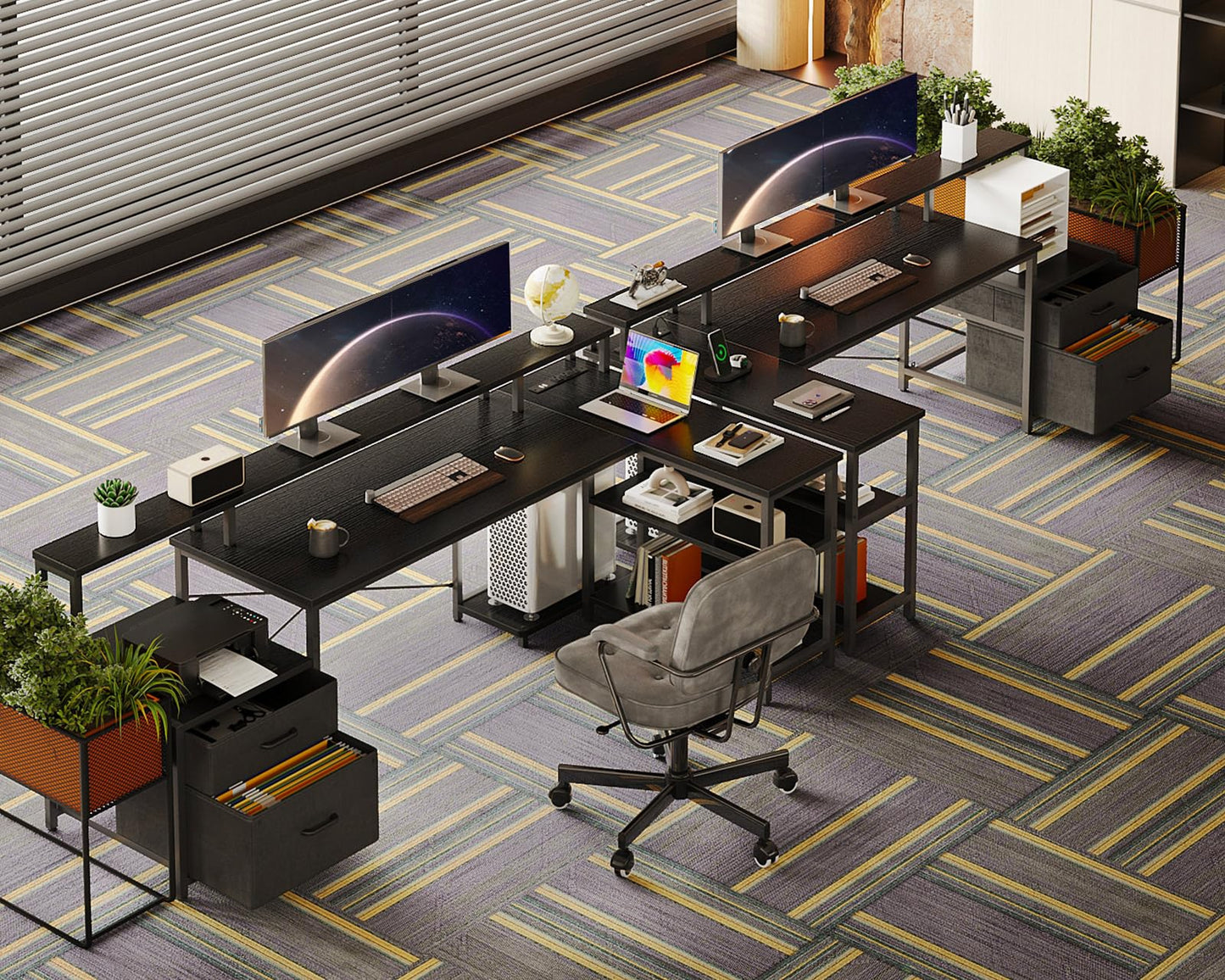 ODK 75" L Shaped Desk with File Drawers, Work from Home Office Desk with Power Outlet, Reversible Computer Desk with Storage Shelves, Gaming Desk with Monitor Shelf, Corner WFM Table, Black