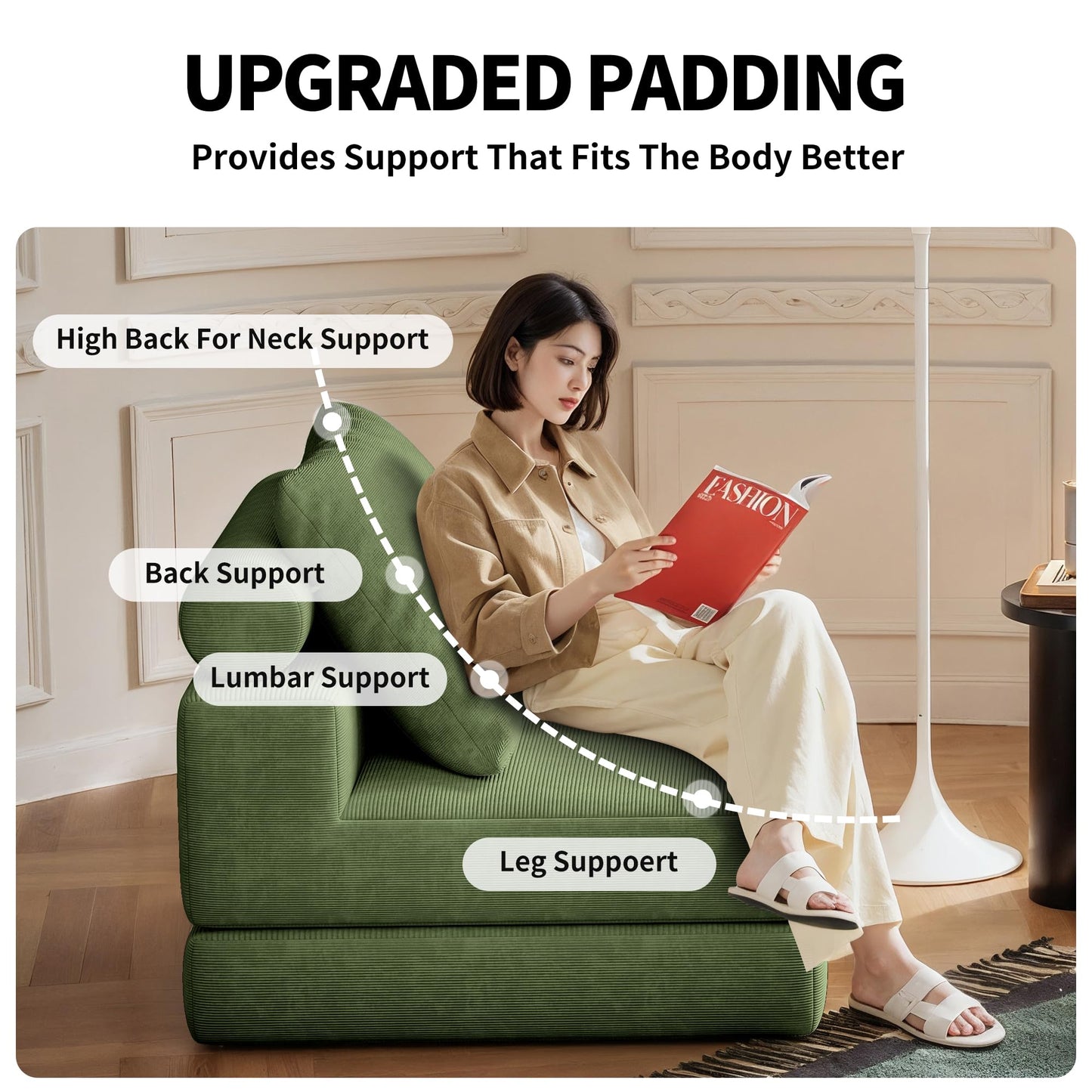 Lumbershed Folding Sofa Bed, 3-in-1 Convertible Sleeper Chair Bed with Pillows, Foldable Floor Couch with High-Density Foam, Futon Small Boneless Couch for Living Room Bedroom Lounge, Single, Green