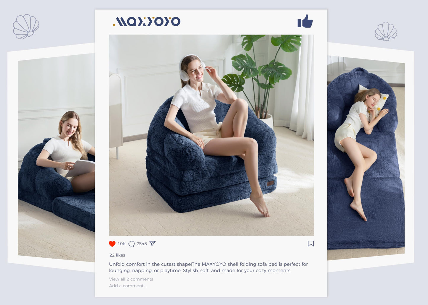 MAXYOYO Folding Sofa Bed, 2 in 1 Convertible Sofa to Lounger Comfy Single Bean Bag Chair for Adults, Floor Couch with Handle, Faux Fur Couch Bed for Living Room Bedroom, Navy