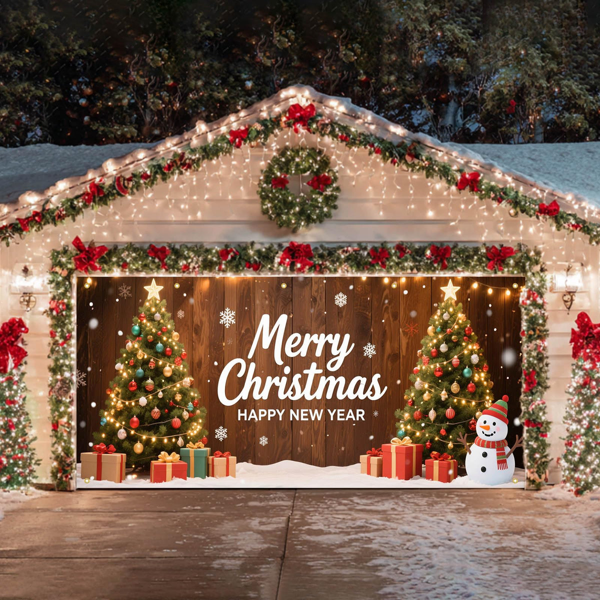 HOMETITUTE Christmas Garage Door Banner 13x6ft Merry Christmas Happy New Year Green Trees Snowman Gift Boxes Holiday Outdoor Indoor Decor Seasonal Party Backdrop