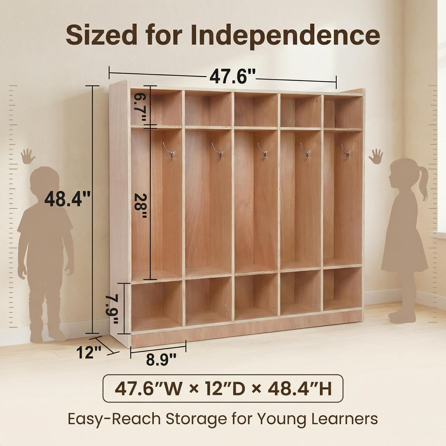 GarveeTech 5-Section Cubby Storage Organizer, Classroom Coat Locker with 4 Casters, 5 Hooks & 2 Storage Boxes, Heavy-Duty Plywood Daycare Furniture for Preschool & Kids Entryway, 48" Tall