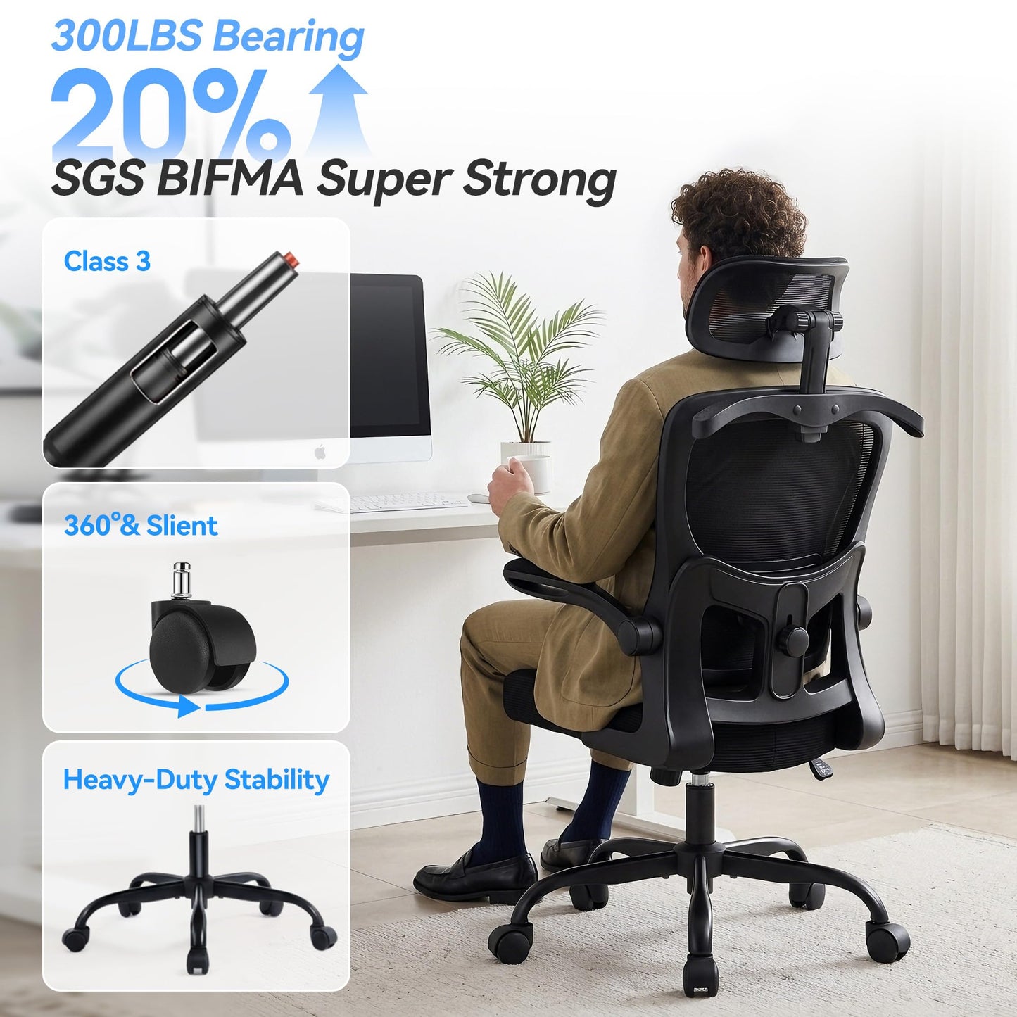 AreShark Office Chair-Ergonomic Desk Chair with Hidden Hanger & Flip-Up Arms, High Back Mesh Computer Chair with 2D Headrest & Adjustable Lumbar, Comfy Rolling Task Chair for Home Work Gaming, Black
