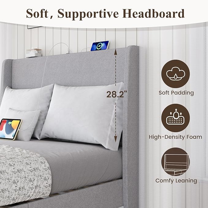 MALOL Full Size Bed Frame with Upholstered Headboard, Linen Fabric Platform Bed