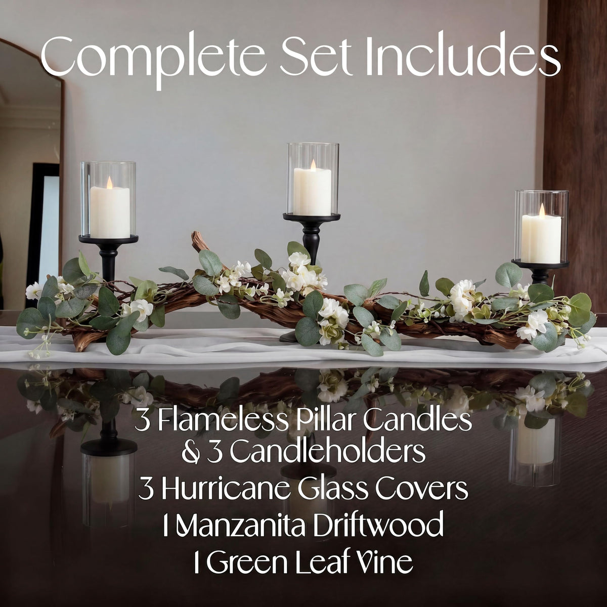 Eucalyptus Table Centerpiece with Candle Holders, Farmhouse Dining Table Decor, Rustic Greenery Centerpiece for Coffee Table, Mantle, Entryway, Wedding & Home Decor (Black)