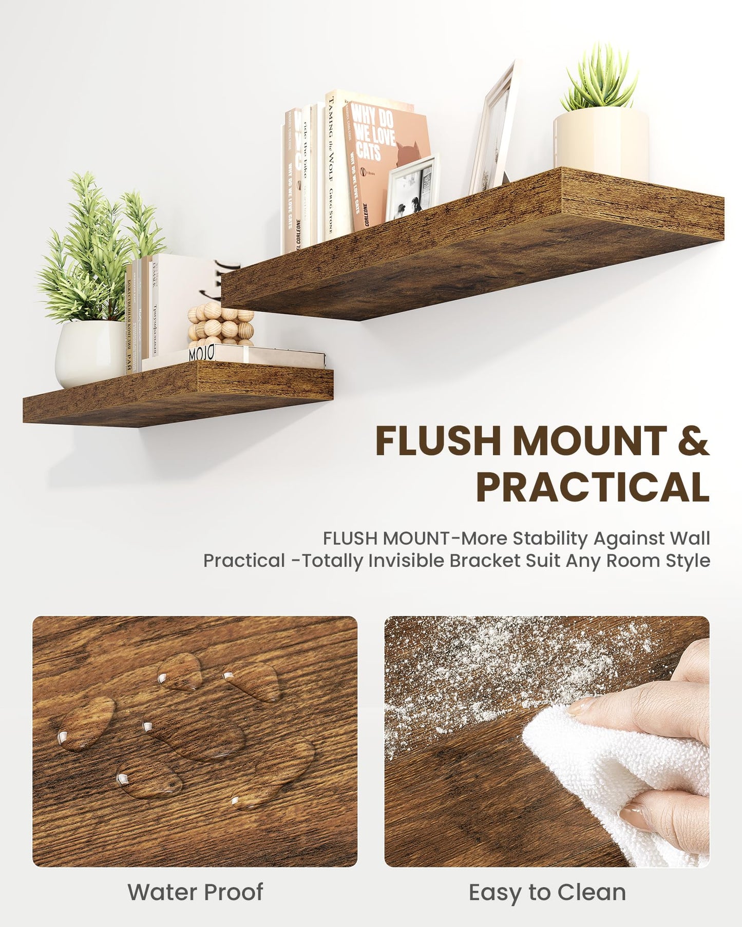 Marsmiles 16" Floating Shelves for Wall, Wooden Shelves with Invisible Brackets Set of 2, Rustic Farmhouse Wall Mounted Shelf for Kitchen Bathroom Living Room Study, Rustic Brown