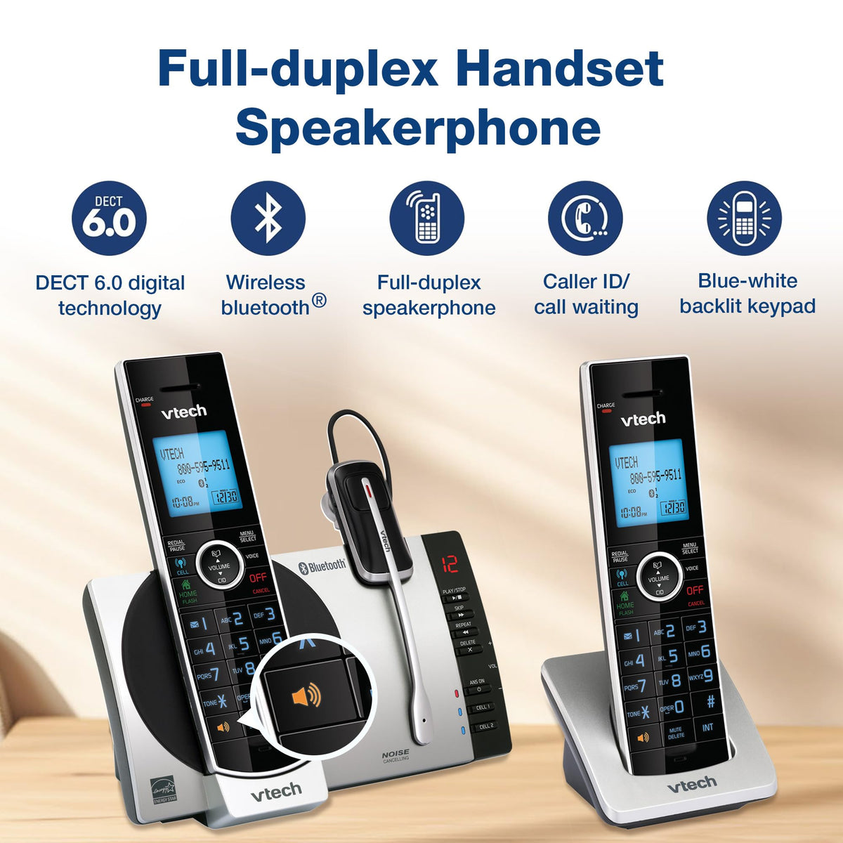 VTech DS6771-3 Connect to Cell, Cordless Phone with Answering Machine, DECT 6.0 Headset+2 Handset Intercom, Bluetooth, Caller ID/Call Waiting, Expandable System - Silver/Black