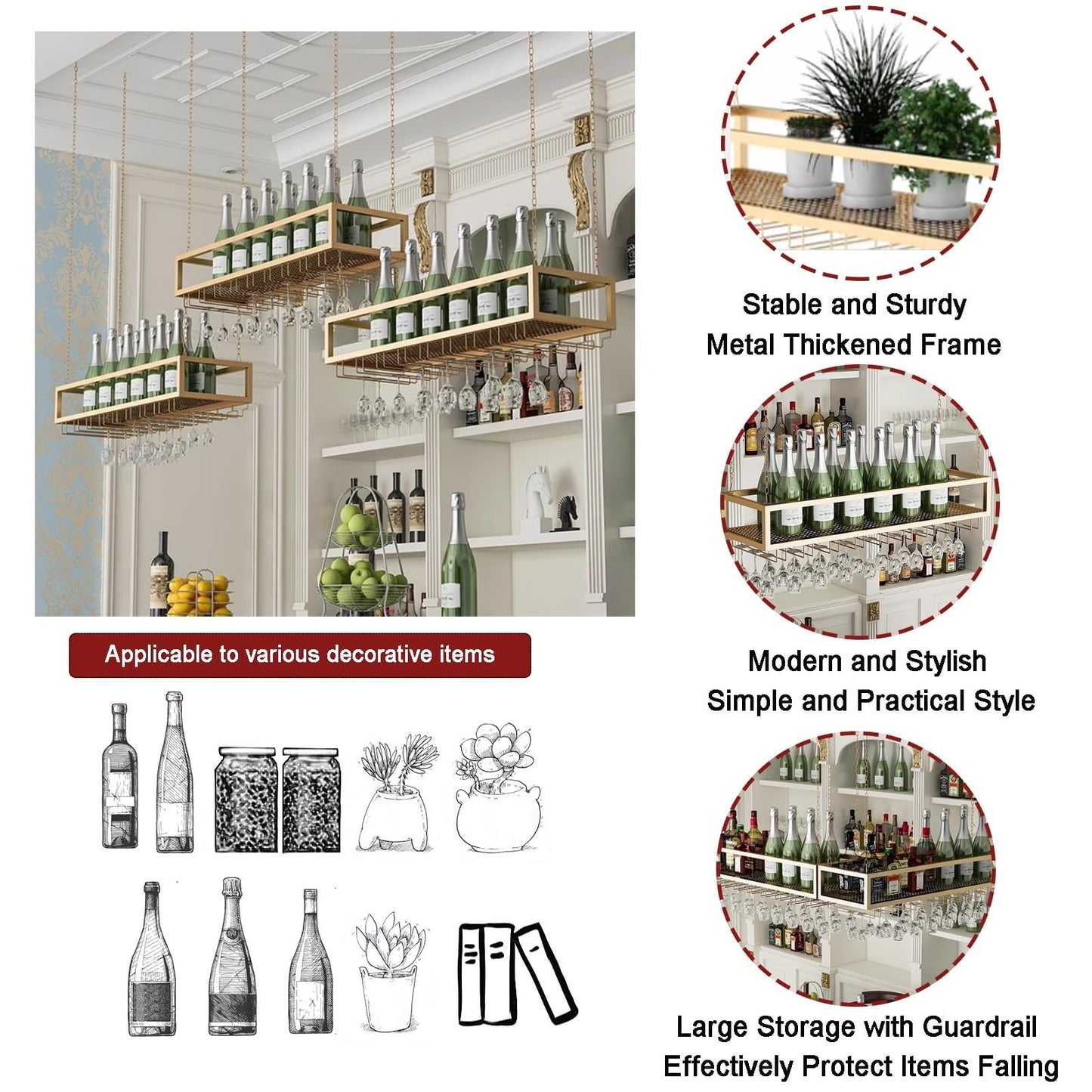 Vintage Hanging Wine Glass Rack - Metal Ceiling Holder, Wall Mounted Floating Wine Storage Shelf, Hanging Wine Rack Display Stand, Cafe Stylish Display/Floating Shelves(60 * 25 * 20cm)