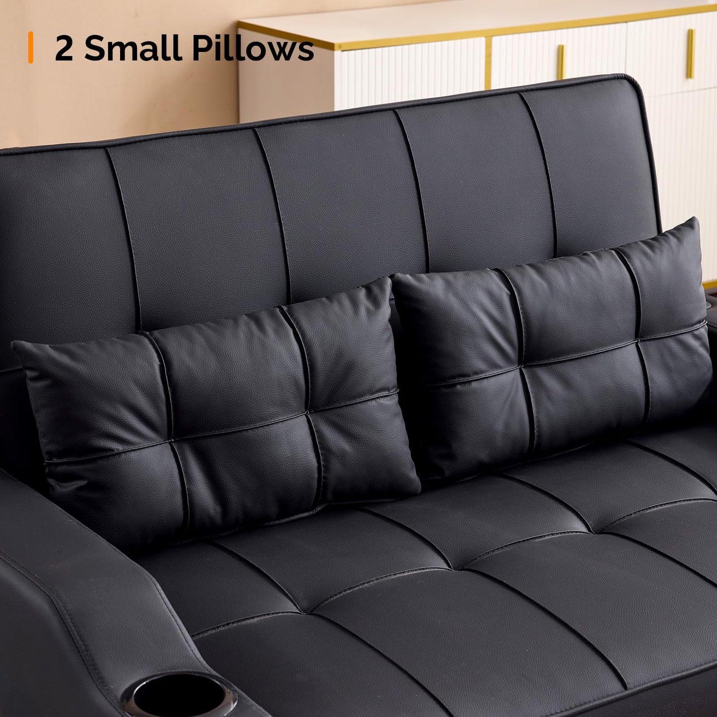 VINGLI Convertible Loveseat Sleeper Sofa, Black Faux Leather Futon Sofa Bed Pullout Couch Bed with USB Ports, Cup Holders, Armrest for Living Room, Bedroom, Home Office Apartment