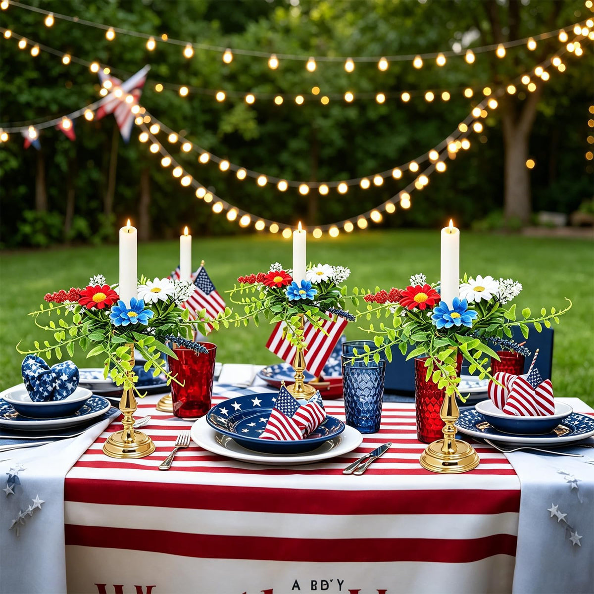 6 PCS Patriotic American Taper Candle Rings Wreaths 1.38" Mini 4th of July Floral Taper Candle Holder with Daisy Artificial Independence Day Table Centerpieces Wreath for Party Home Candlesticks Decor
