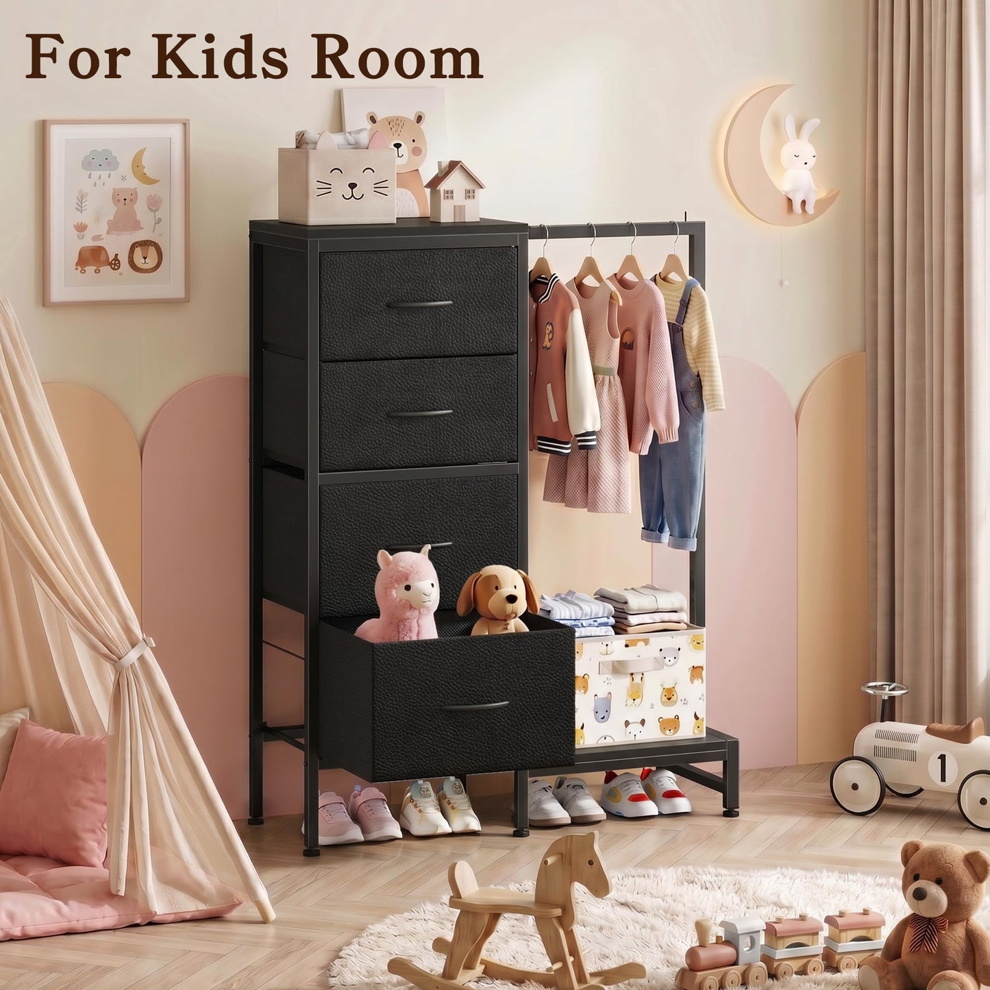 HIGDBFE Dresser with Hanging Rack, 4 Drawers Small Closet for Bedroom, Reversible Fabric Kids Chest of Drawers with Clothes Rack, Tall Storage Tower, Sturdy Frame, Black, 44''H