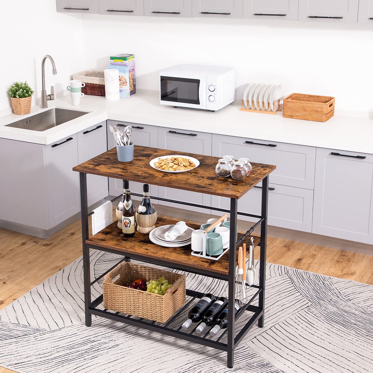 HOOBRO Kitchen Island with Wine Rack, Industrial Island Counter with Hooks and Protective Rails, 3 Tier Kitchen Shelf with Large Workstation, Easy Assembly, Rustic Brown BF02ZD01