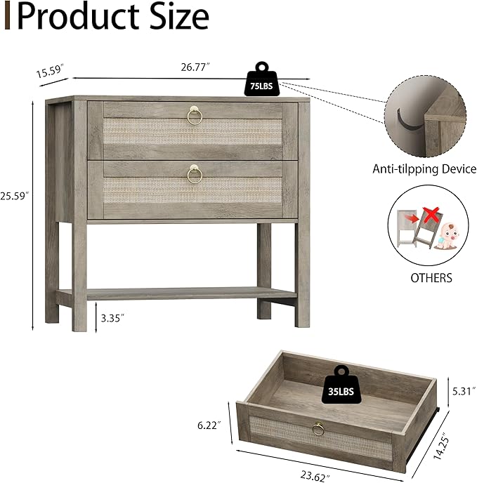 Xixini Nightstand Set of 2, Rattan Boho Bedside Table