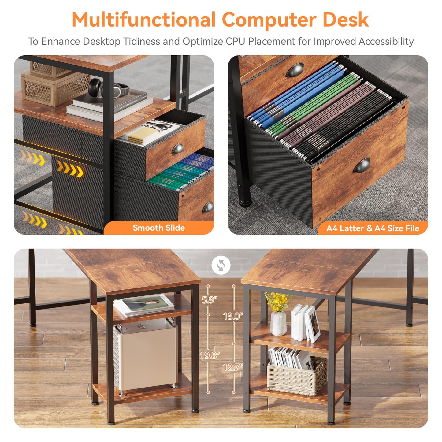 Furologee L Shaped Computer Desk with Power Outlet, Reversible Home Office Desk for Work Study, 50 Inch Corner Gaming Table with File Drawer, Monitor Stand, Storage Shelves, Rustic Brown