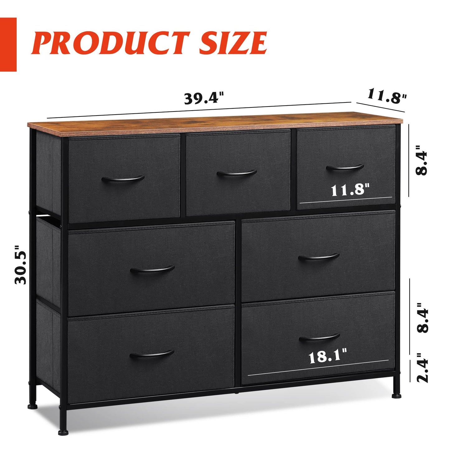 WLIVE 7 Drawer Dresser TV Stand, Entertainment Center, Media Console Table with Metal Frame and Wood Top for TV up to 45 inch, Chest of Drawers for Bedroom, Living Room, Black and Rustic Brown
