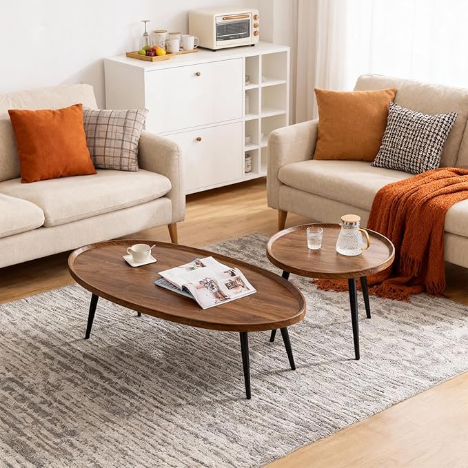 Garvee Nesting Coffee Table Set of 2, 2-Piece Walnut Coffee Tables, Mid Century