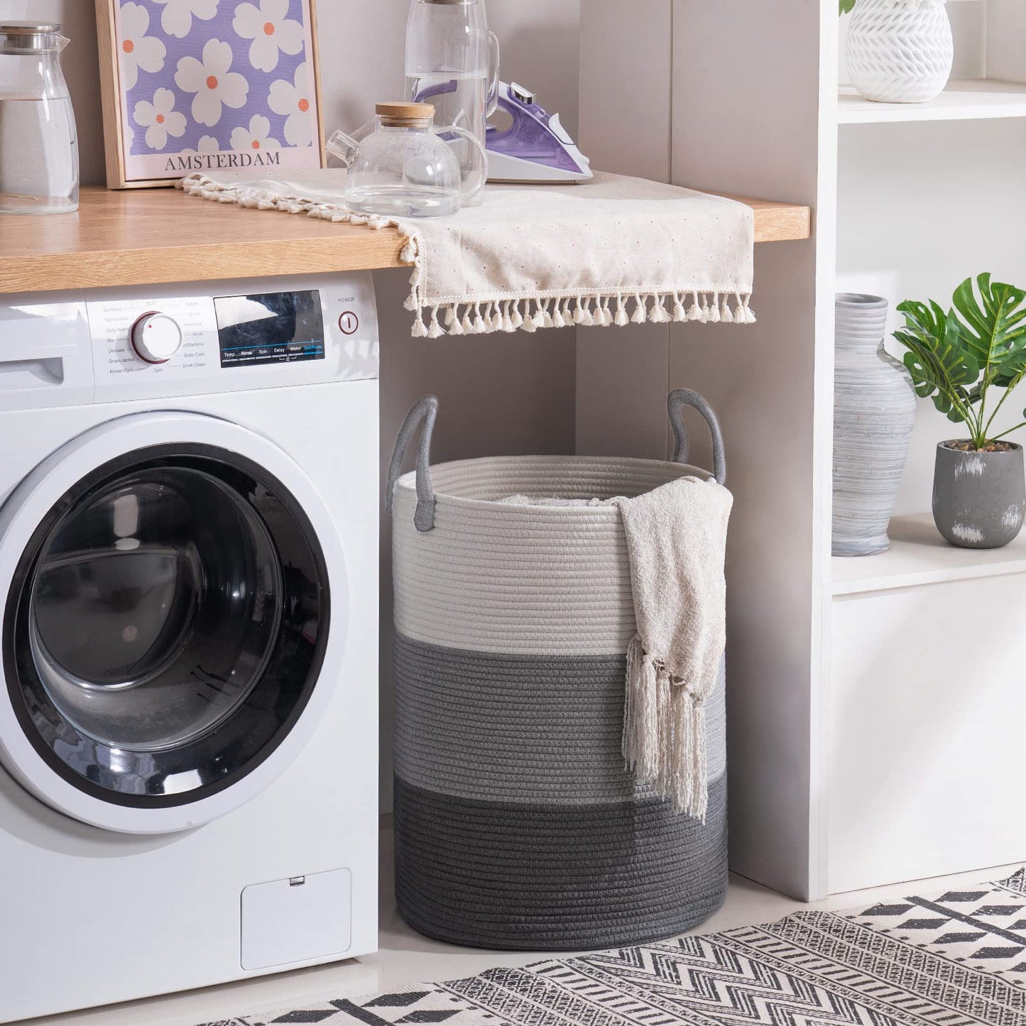 YOUDENOVA Woven Rope Laundry Hamper Basket, 58L Tall Luandry Basket, Baby Nursery Hamper for Blanket Storage, Clothes Hampers for Laundry in Bedroom