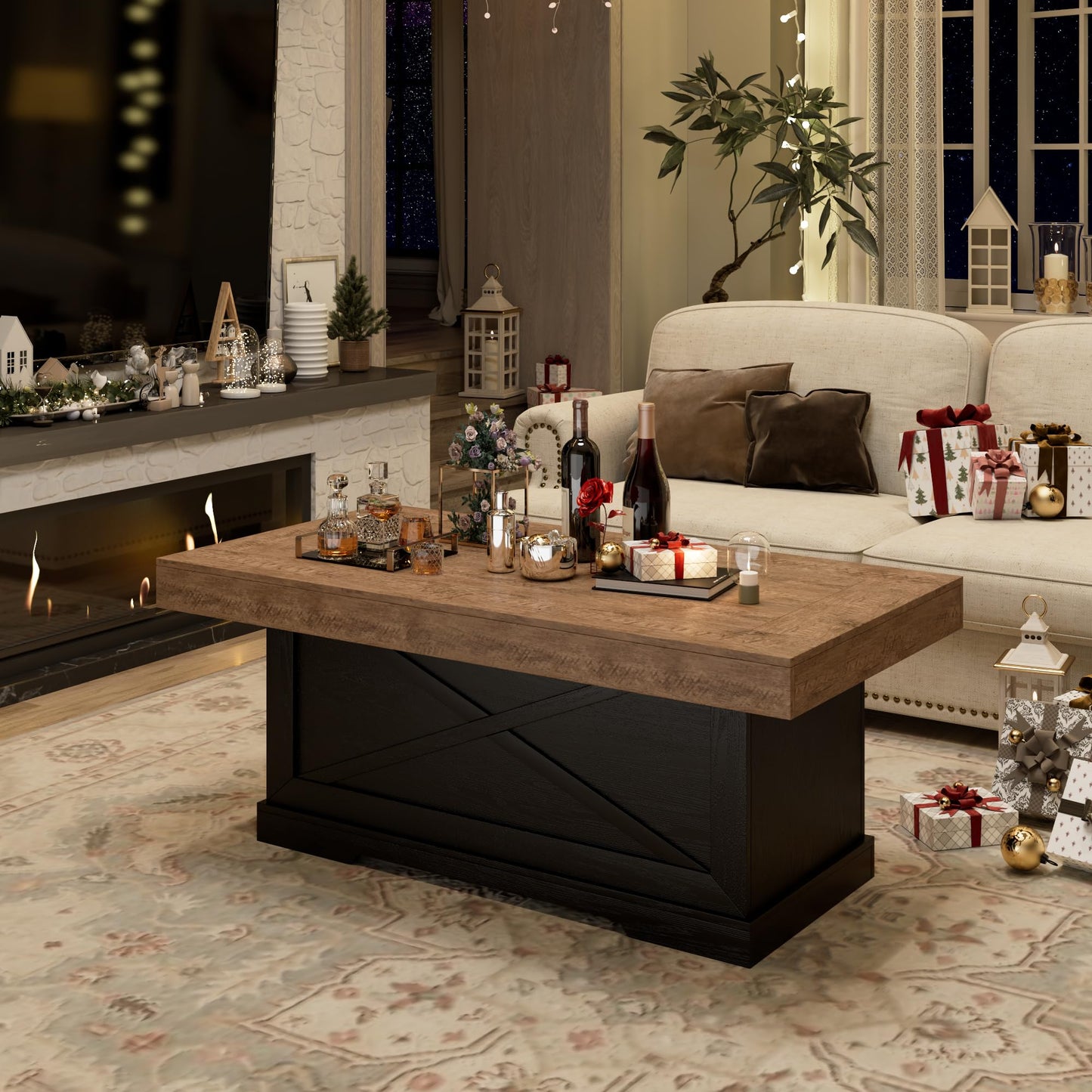 Lareth Coffee Table 39 in Rustic Center Table with X-Design Wooden Pedestal for Living Room, Space Saving, Rectangle Home Office Tea Accent Table for Apartment, Dark Oak Black