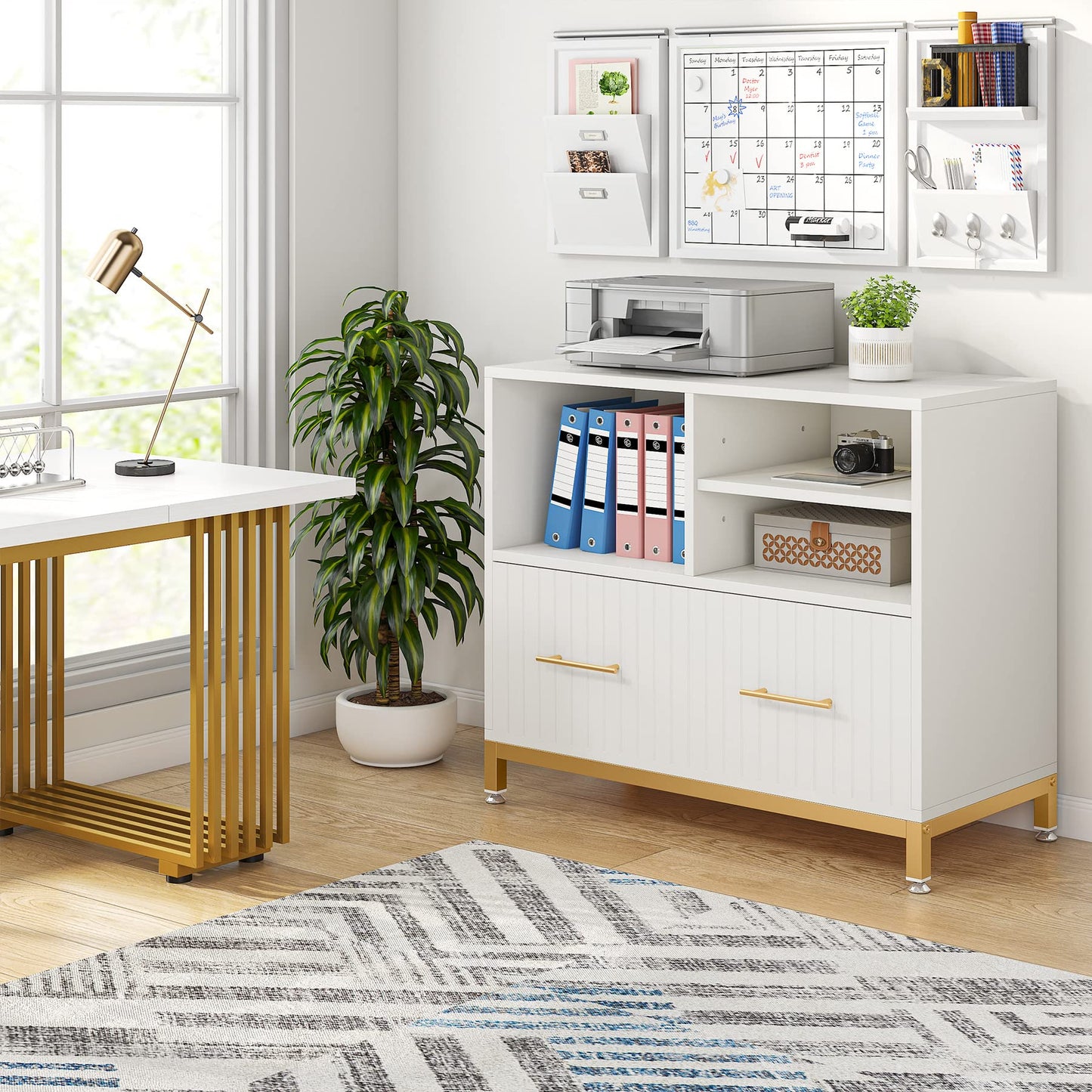 Tribesigns Lateral File Cabinet with Drawer, White Filing Cabinet for Letter/Legal/A4 Size Files, 35.4" Modern Wood File Storage Cabinets Printer Stand with Storage for Home, Office, White Gold
