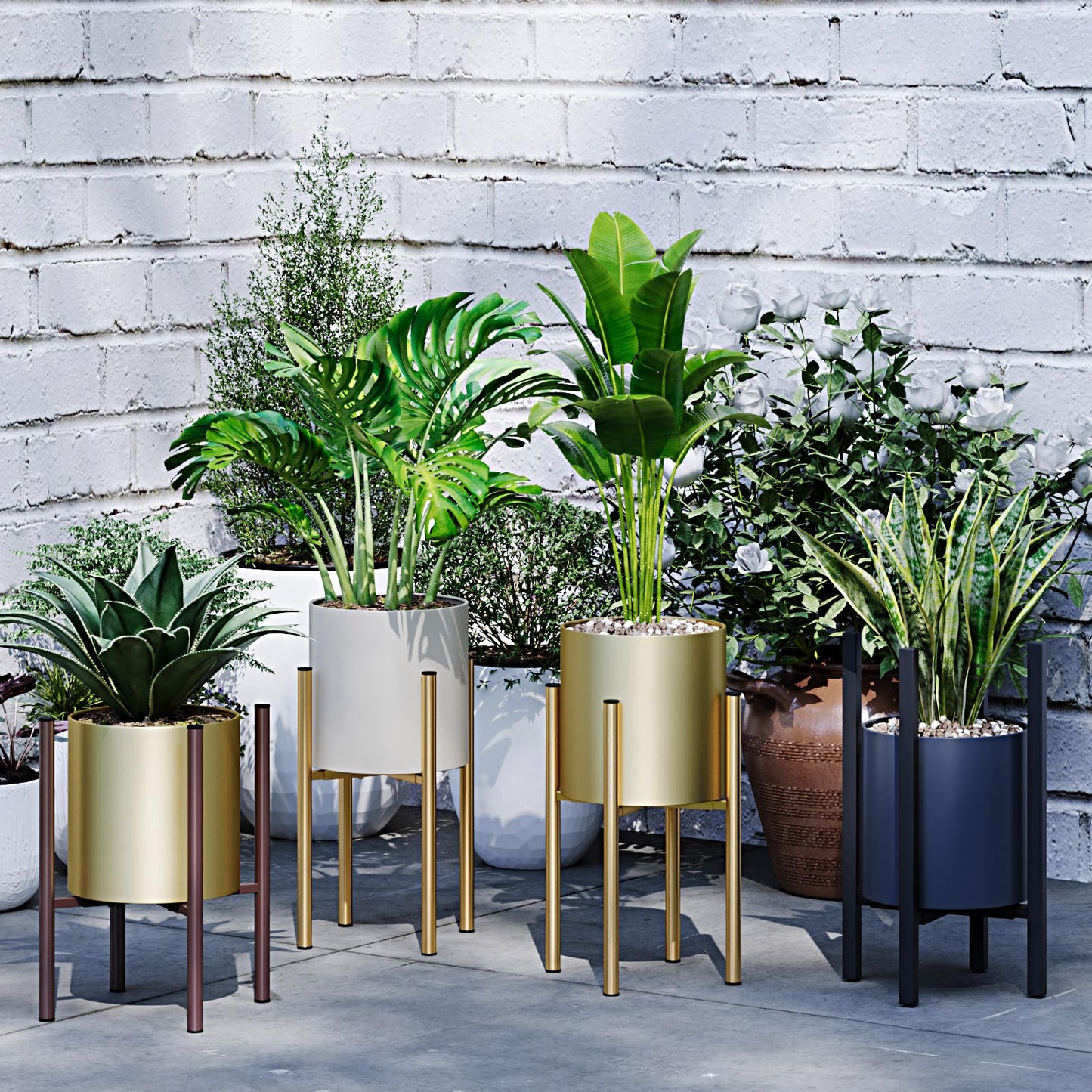 Rioneta Adjustable Metal Plant Stand Indoor, Fits 8-14 Inch Pots, Mid Century Modern Gold Planter Holder,2 Heights, Heavy Duty 160 lb, Indoor Outdoor Corner Floor Pot Stand, Golden