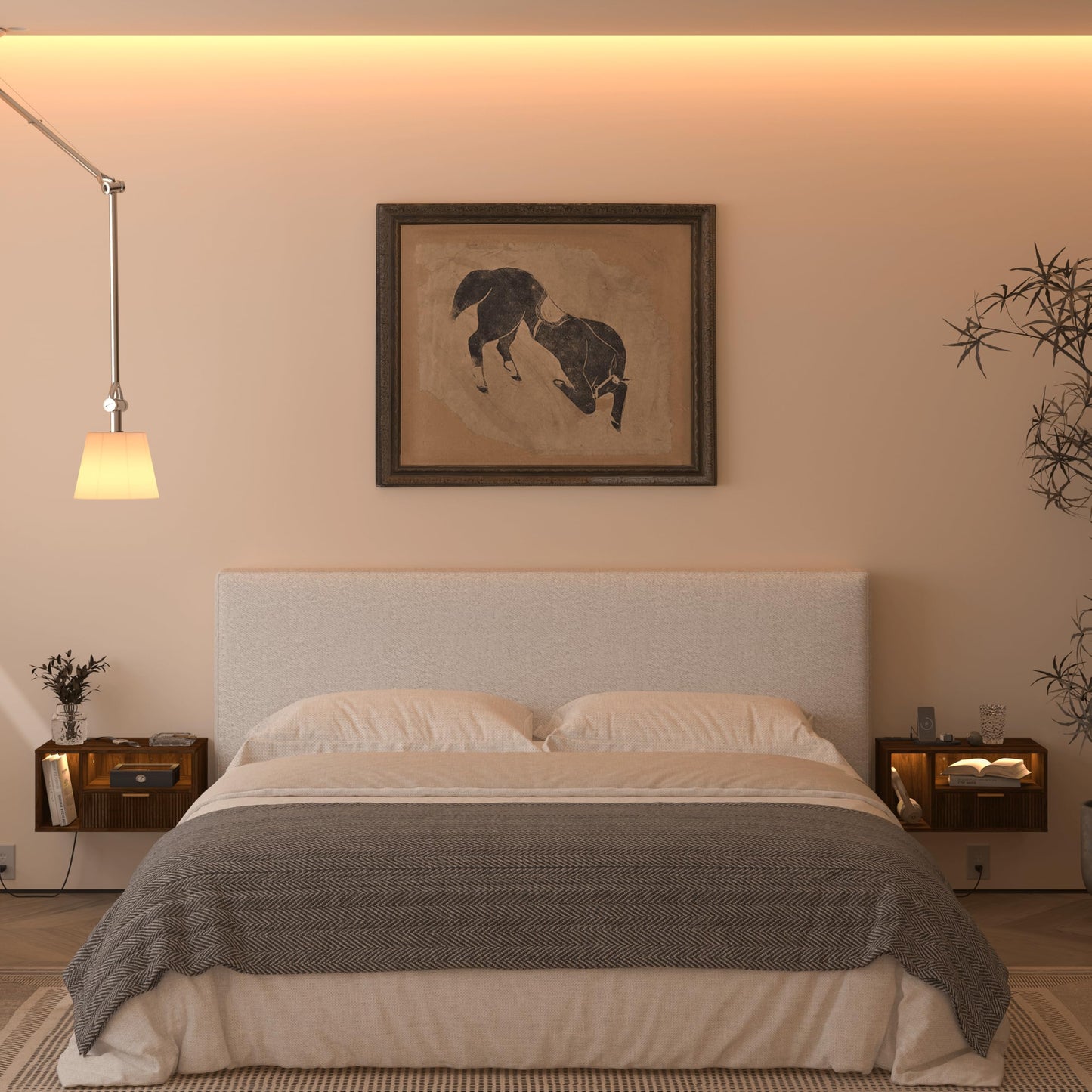 Veegle Floating Nightstand with Charging Station and LED Lights, Walnut Brown