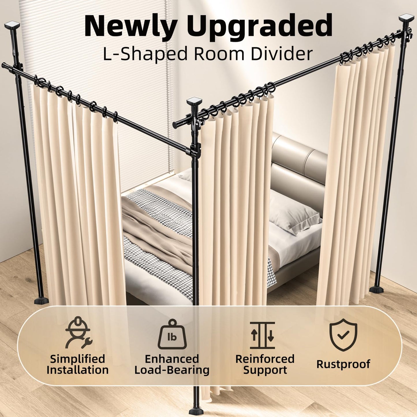 Room Divider, Tension Curtain Rod No Drilling,4-10ft(H) 28-140inch(W) Wall Divider for Room Separation, Heavy Duty Room Partition Separator, Adjustable Folding Privacy Screens,Black