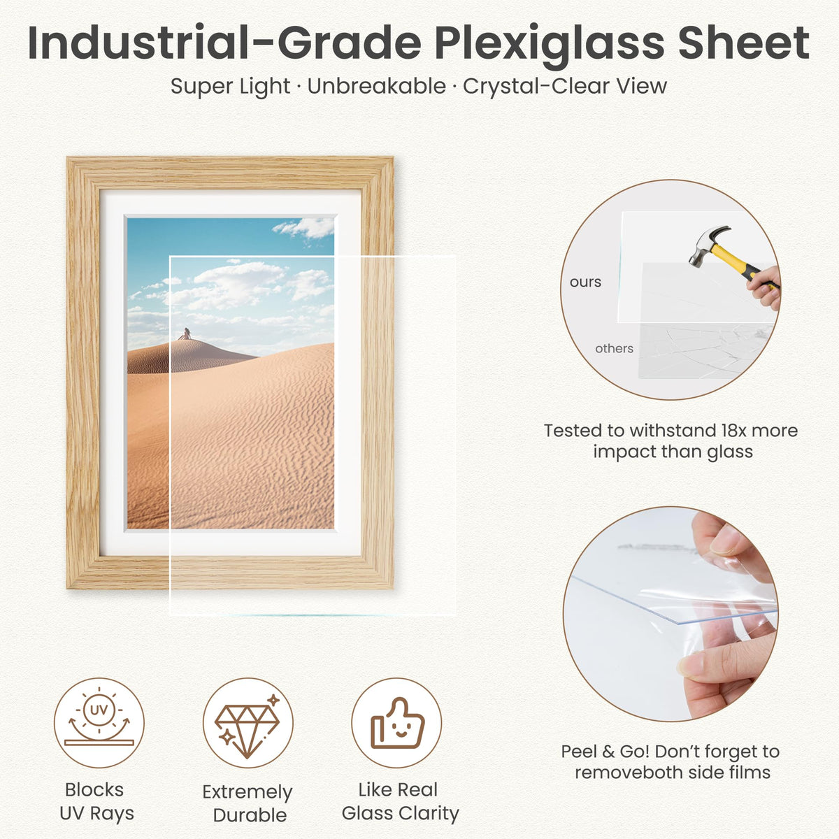 Dreamland 5x7 Picture Frame with Mat for 4x6, USA-Sourced Natural Oak Wood Photo Frames with Resistant Plexiglass, 5 x 7 Wooden Gallery Wall Frames for Art, Wall or Tabletop Display (3Pack)