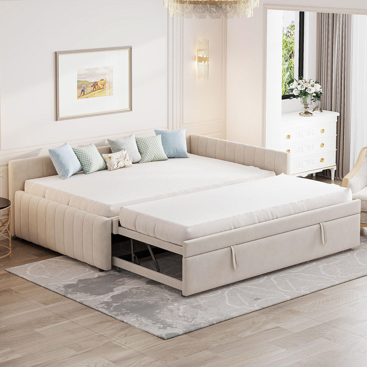 GDFStudio Full Size Upholstered L-Shaped Daybed with Pop Up Trundle, Vertical Stripe Design, Padded Backrest, No Box Spring Needed, Beige