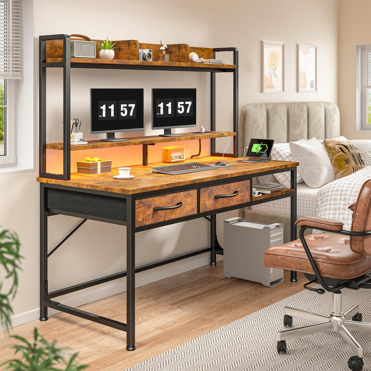 39.4"Office Desk with 2Drawers&Hutch,Computer Desk with Storage Rack&Monitor Stand,Gaming desk with LED&Power Outlet,Modern Study Writing Desk for Bedroom Home Office,Small Space,Rustic Brown