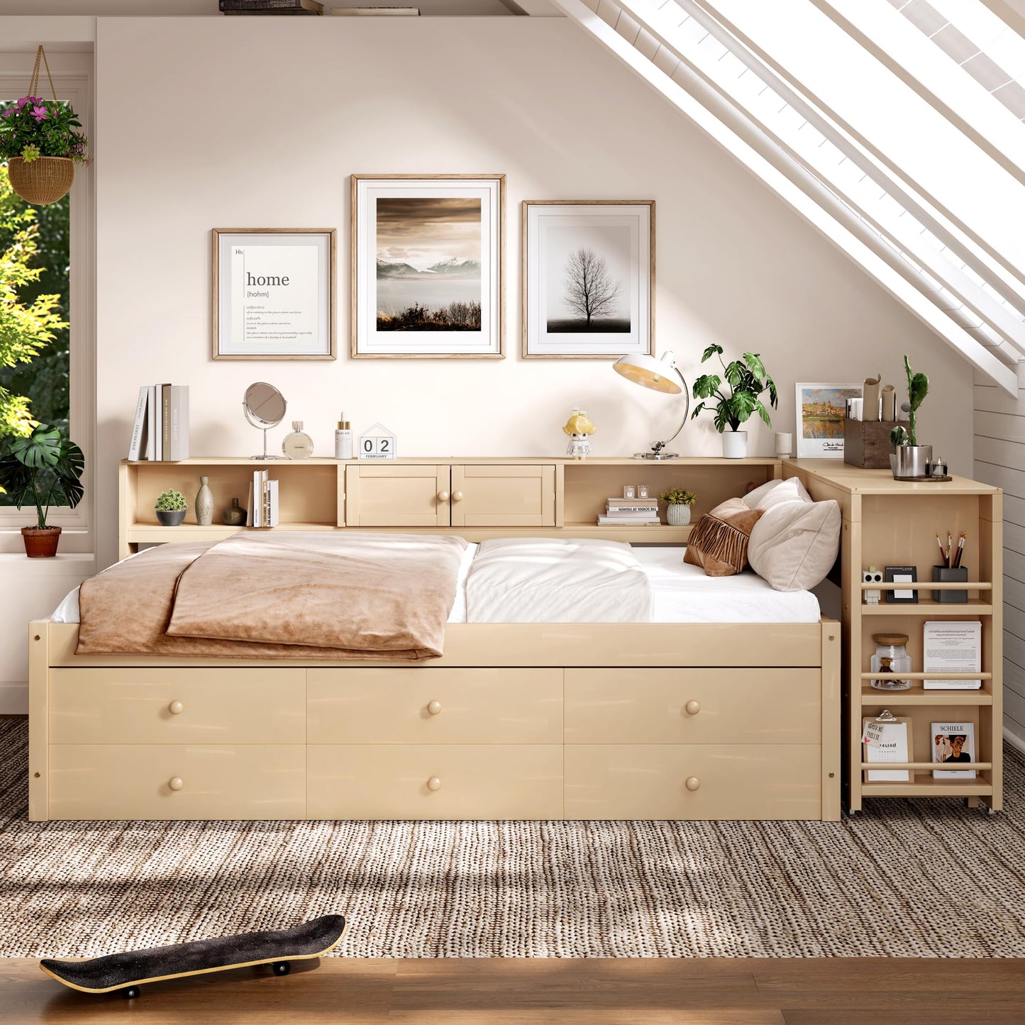 Daybed with Pull-out Desk and Trundle, Twin Size Wood Bed Frame with Multiple Storage Drawers, Open Shelves and Cabinets for Kids Adults Bedroom Furniture, Multifunctional L-Shaped Sofa Bed (Golden)