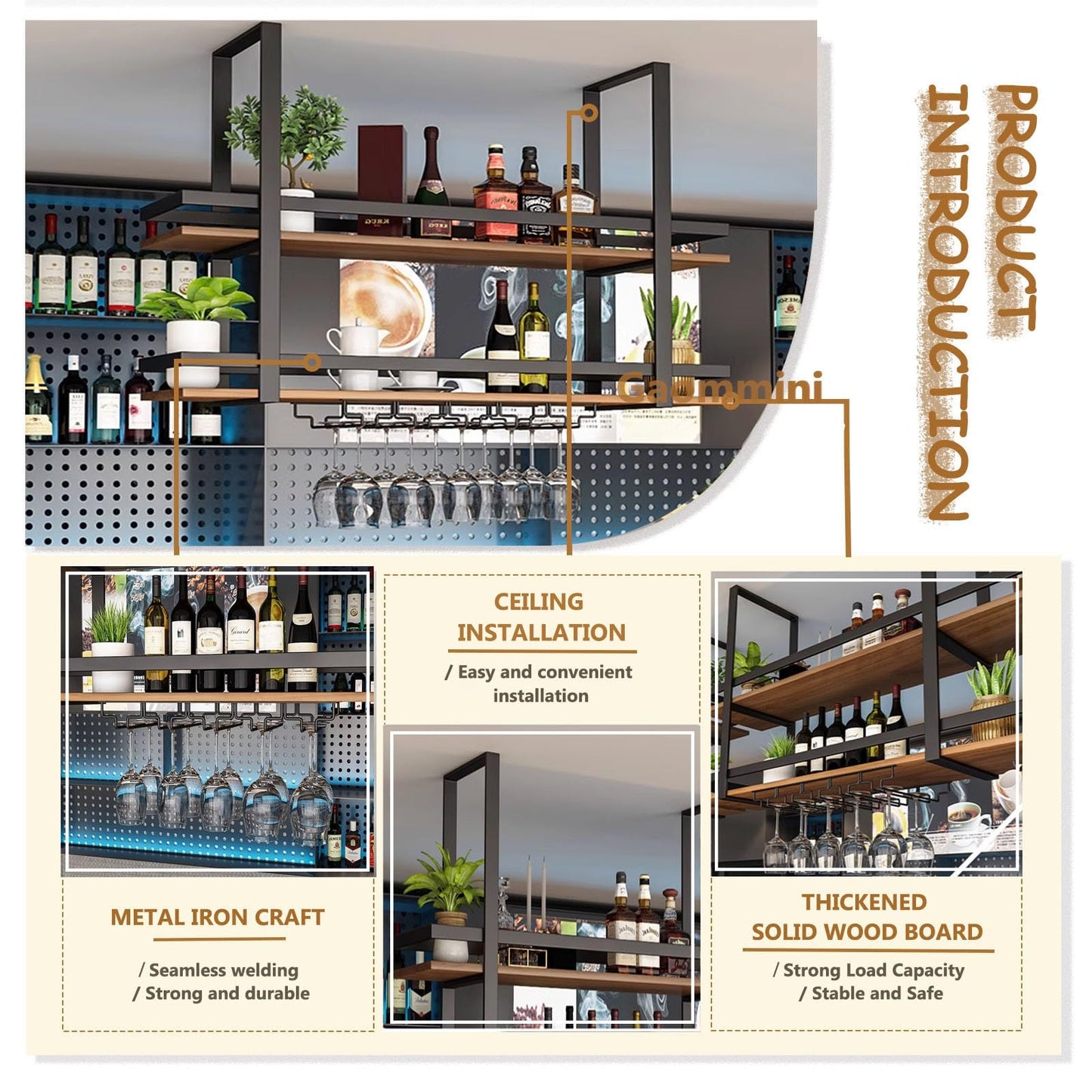 GFRWKCEX Ceiling Floating Shelves, Black Metal Frame Hanging Wine Rack, 2-Layer Wall Mounted Wine Glass Rack, Decoration Wine Storage Holder for Bar Cafe Kitchen(60x30x80cm)
