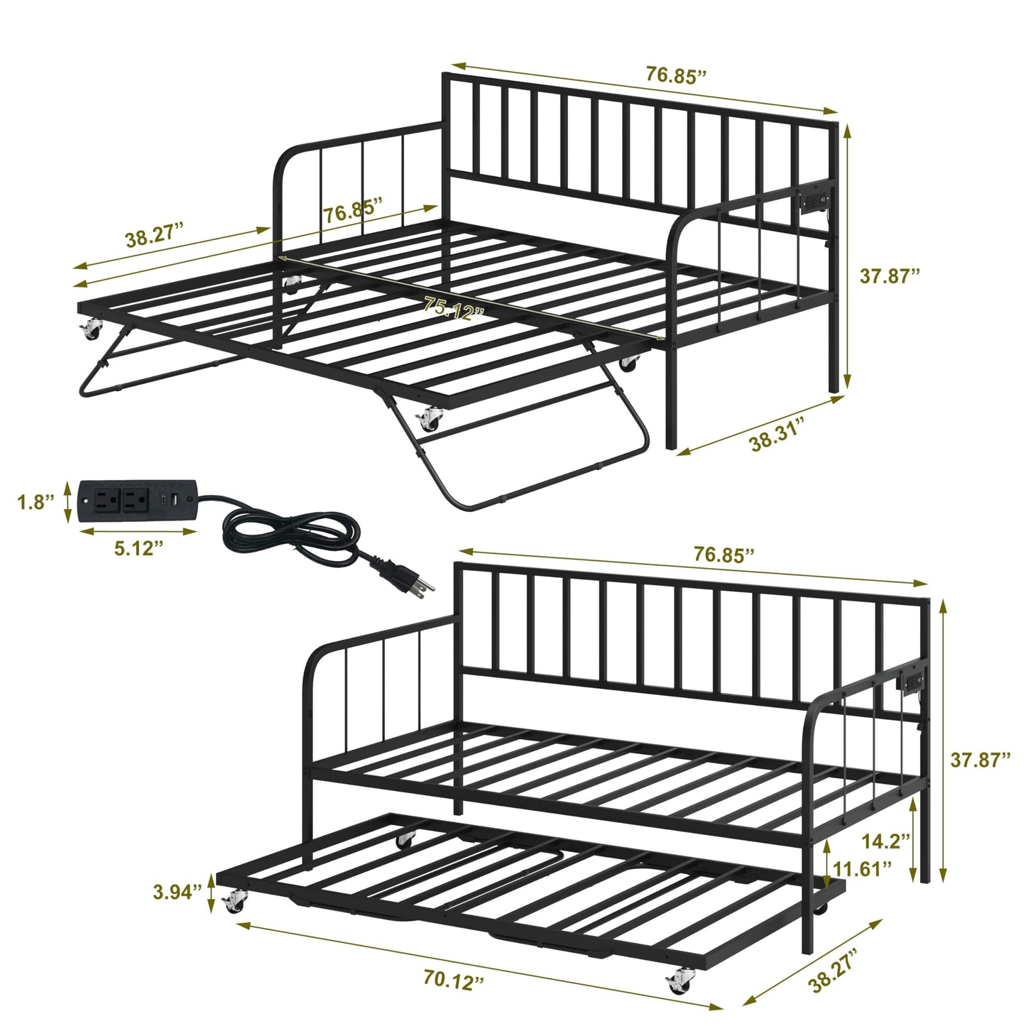 JOJOZOO Daybed with Trundle, Heavy Metal Twin Size Bed with USB Charging Station & LED Lights, Space Saving for Living Room, Bedroom, Guest Room