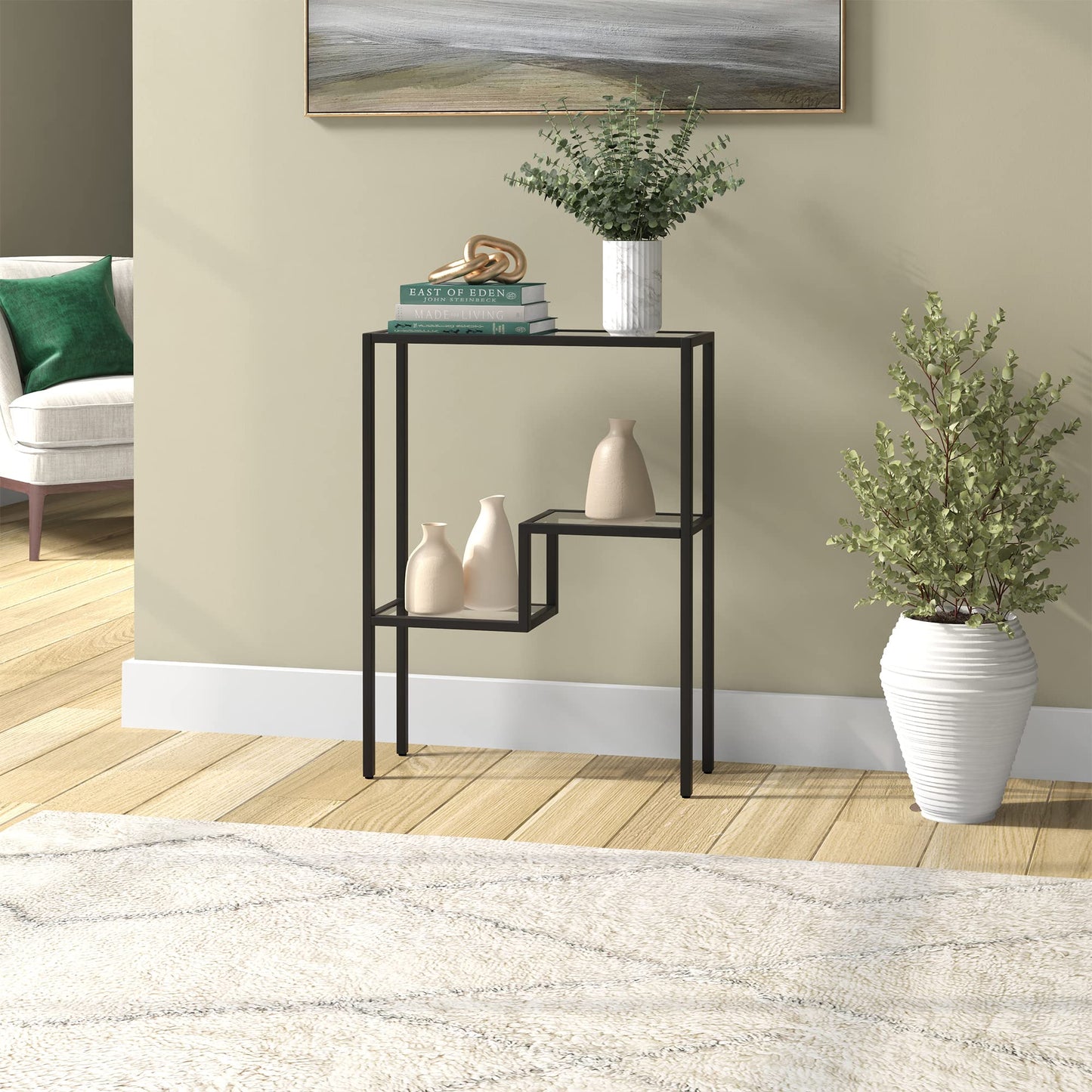 Henn&Hart 22" Narrow Glass Rectangular Console Table Entryway Table, Sofa Table with Two-Tiered Glass Shelf for Entryway, Living Room, Couch, Hallway, or Office, Black