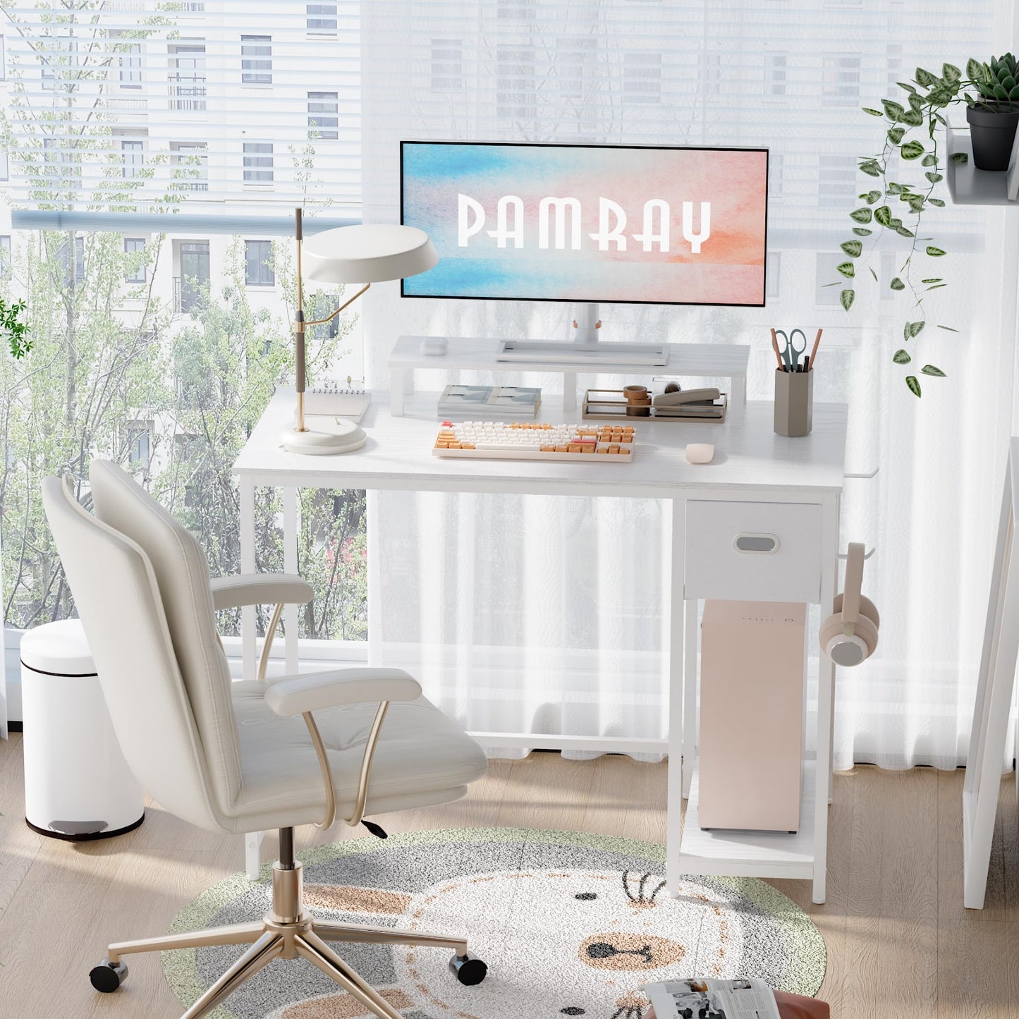 Pamray 39 Inch Computer Desk with Monitor Stand Small Home Office Desks with Non-Woven Storage Drawer for Bedroom Study Table Writing and Work Desk White,White Leg