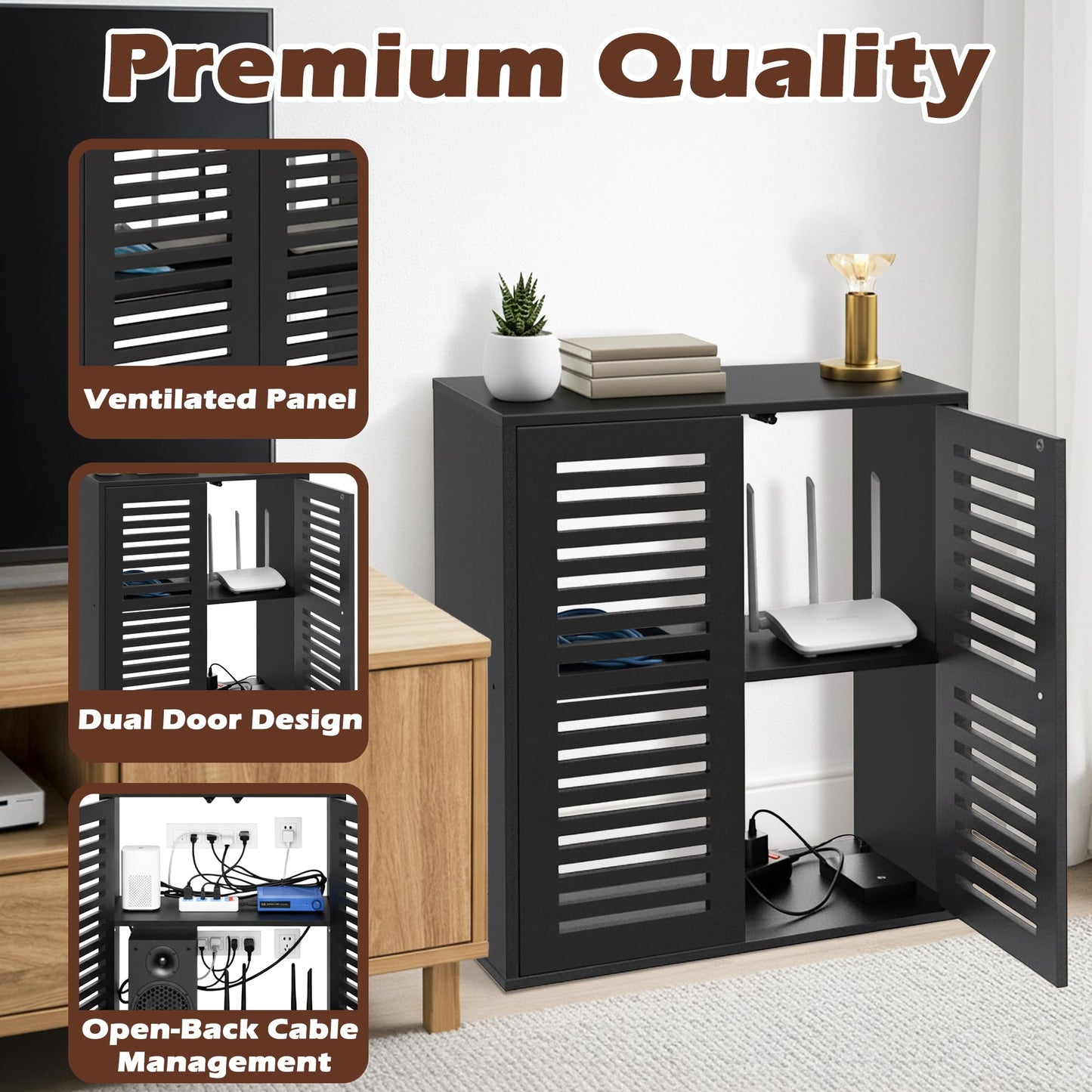 WiFi Router Storage Cabinet, Floor Standing Router Storage Box Modem, Multi-Functional Router Storage Box, Power Strip and Cable Management Hider Organizer for Living Room, Office, Bedroom, Black