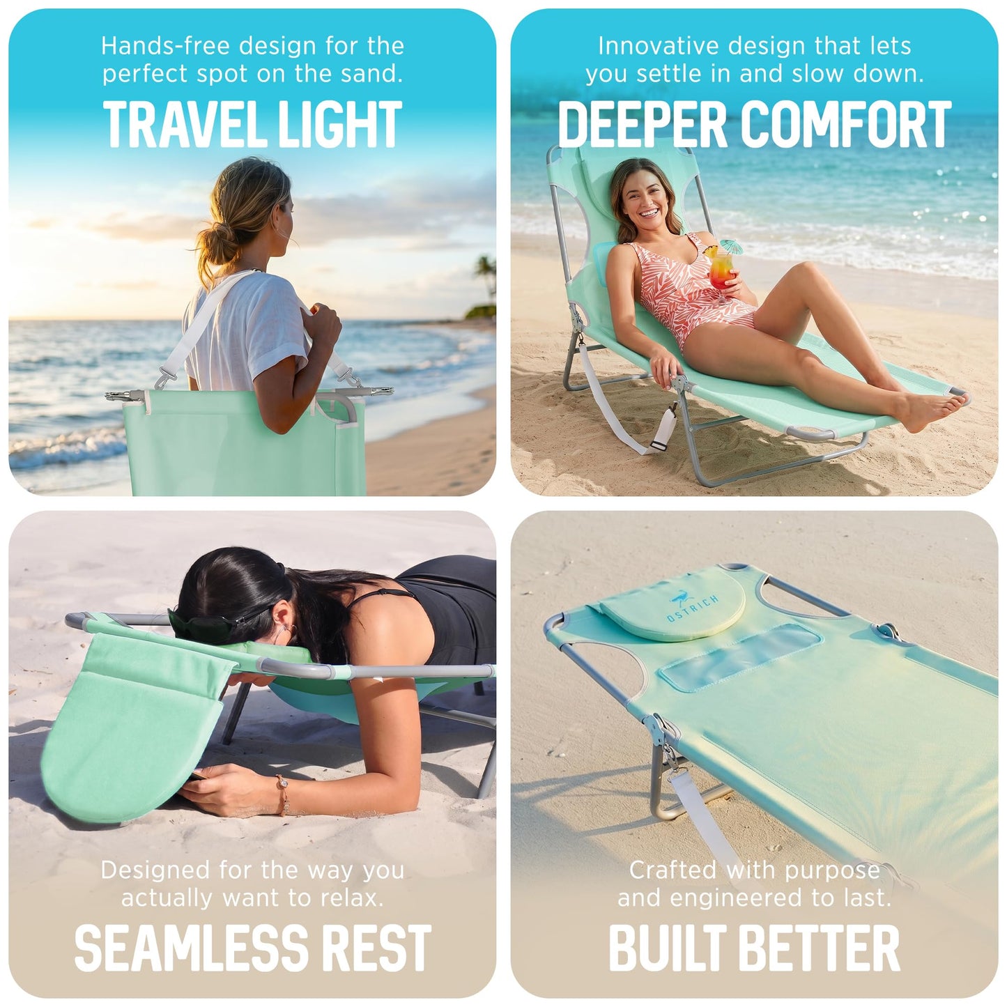 Ostrich the Ladies Comfort Lounger with Chest Support, Foldable and Portable Reclining Outdoor Patio Beach Lawn Camping Pool Tanning Chair, Teal