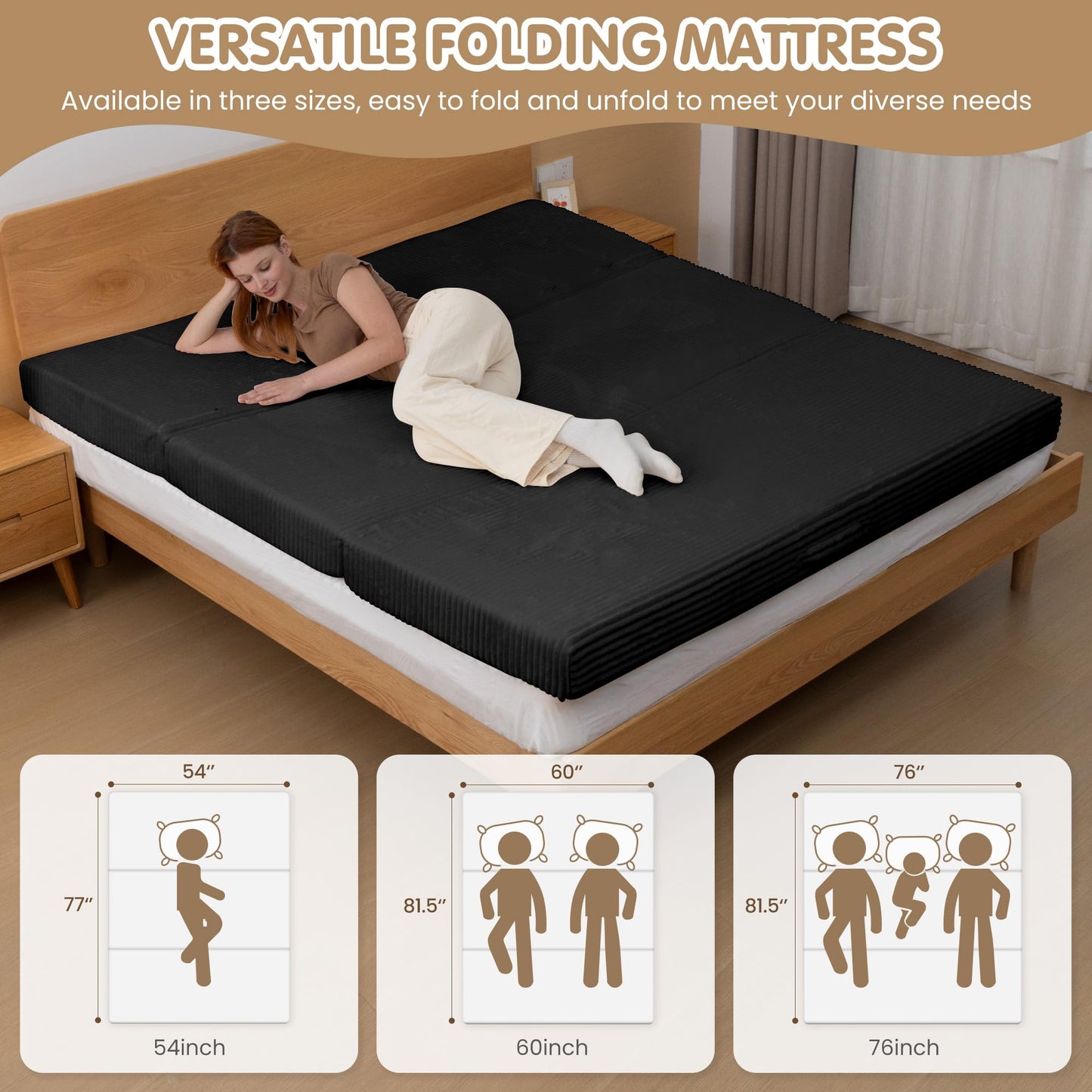 5-in-1 Convertible Sofa Bed,54" Boneless Couch Tri Folding Floor Mattress with Removable L-Shaped Armrests & Handle,Corduroy Futon Couch Sleeper with Pull Out Bed for Living Room Bedroom Apartment