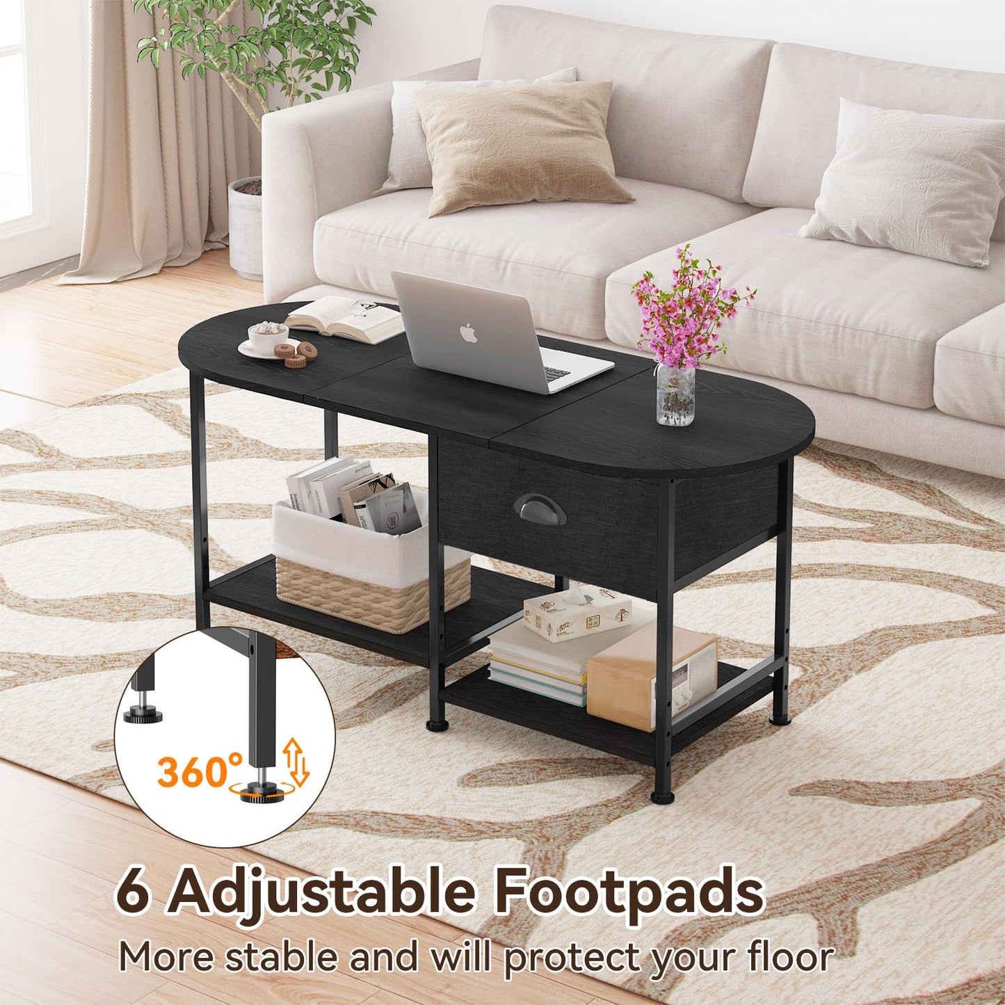 37" Oval Small Coffee Table with Storage,Modern Wood Living Room Center Table for Small Space,Apartment,Home Office,Drawer & Open Shelves,Easy Assembly,Black