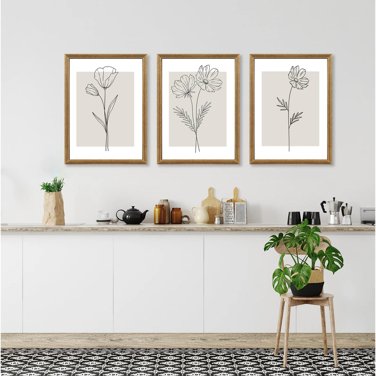 ICHZUMW Neutral Botanical Floral Wall Art, Black and White Farmhouse Flowers Wall Decor, Modern Minimalist Line Art Canvas Prints, Beige Artwork, Living Room Bedroom Home Office, Set of 3, 12x16in