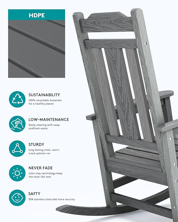 SERWALL Oversized Outdoor Rocking Chair Set of 4, All Weather Patio Rocking