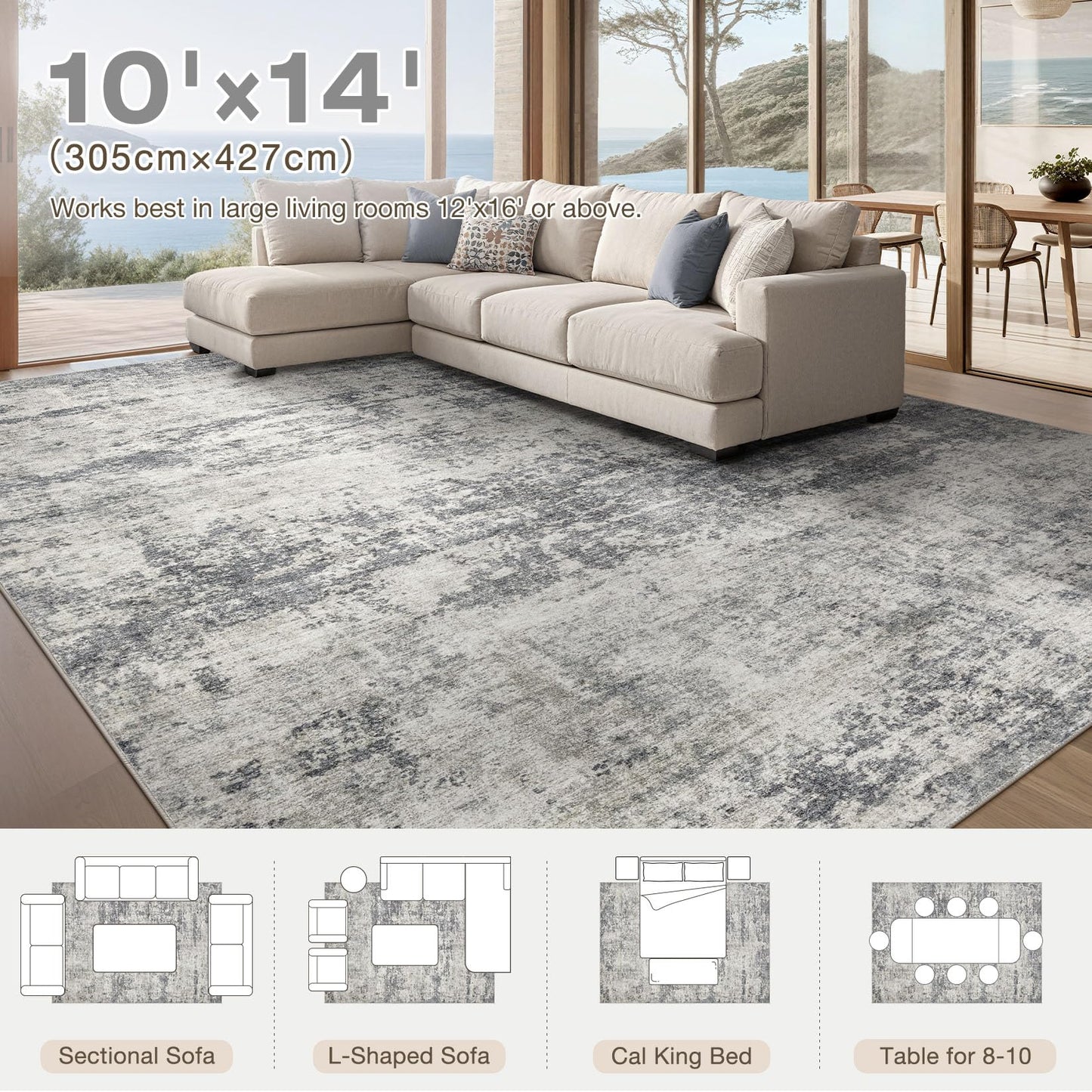 TARANCH Abstract 10x14 Area Rug: Machine Washable Non Slip Ultra Thin Low-Pile Carpet, Soft Stain Resistant for Living Dining Room Bedroom, Kid Pet Friendly, Robot Vacuum Compatible - Grey Beige