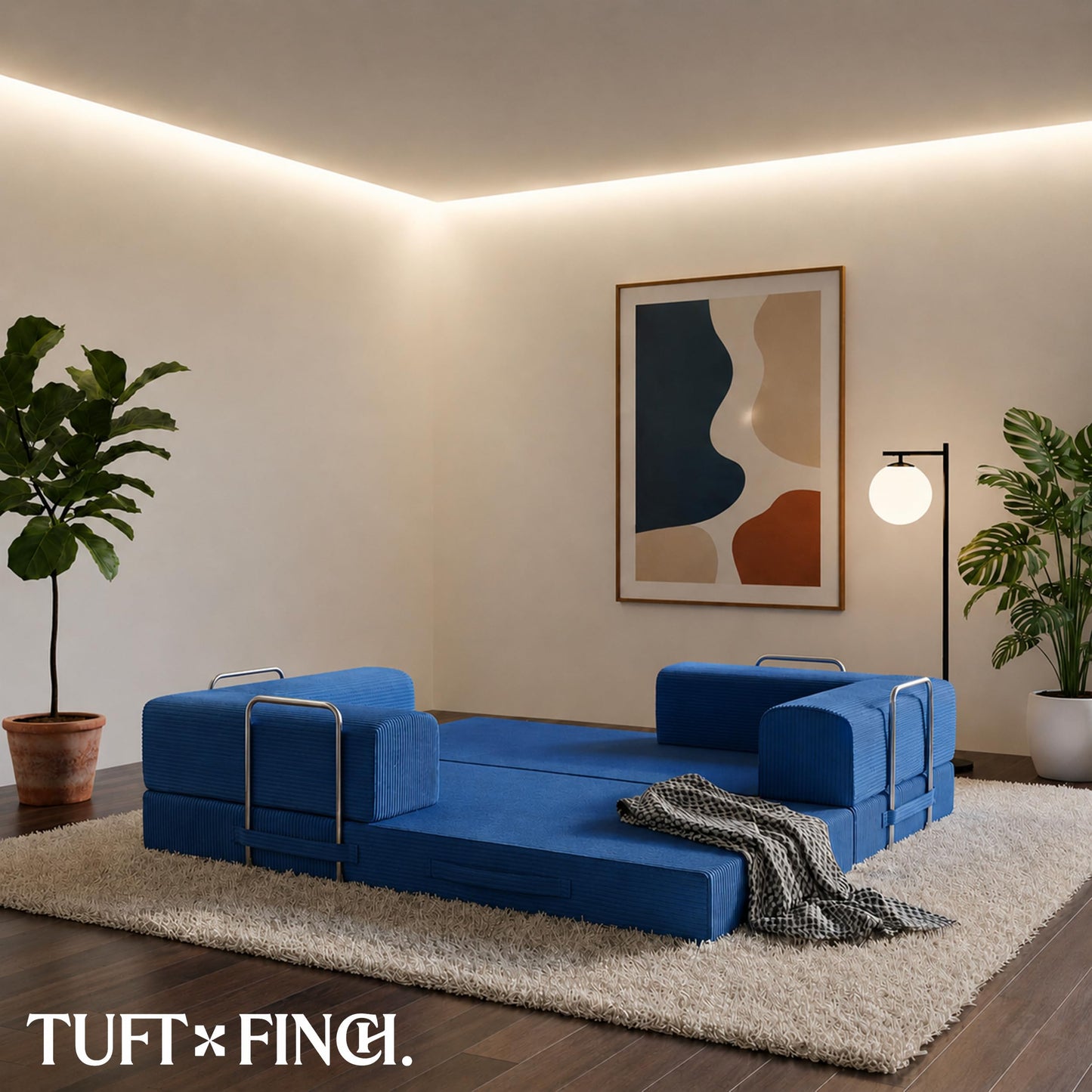 TUFT & FINCH Bali Blue Boneless Couch Sofa Bed - 82" Modular Corduroy Convertible Sleeper Sofa for Living Room – 3 Seater Folding Couch Bed, Pet-Friendly Removable Washable Covers - CertiPUR-US Foam