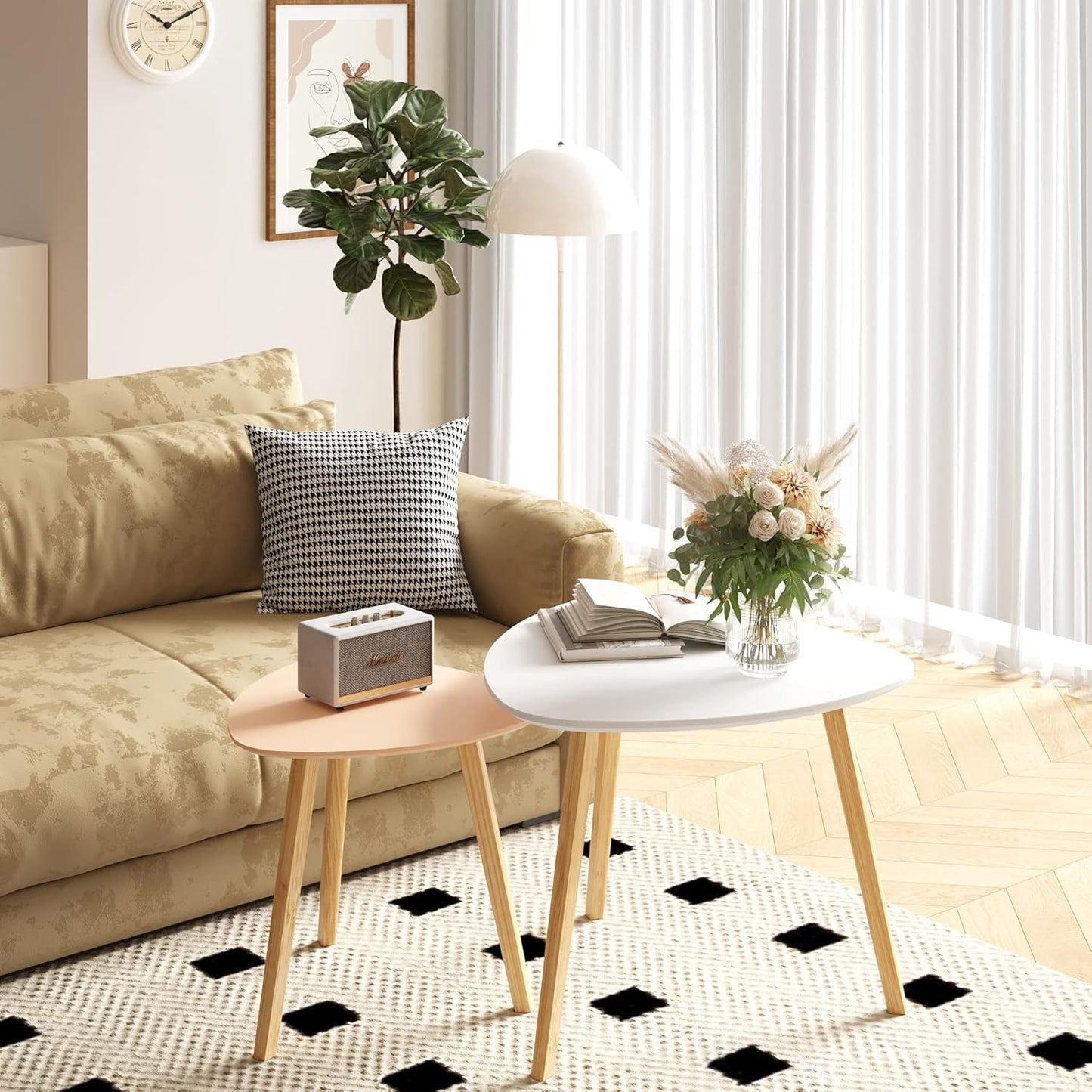 BAMEOS Bamboo Nesting Triangle End Table,Set of 2 SideTable Modern Minimalist Coffee Table for Living Room (White & Pink)
