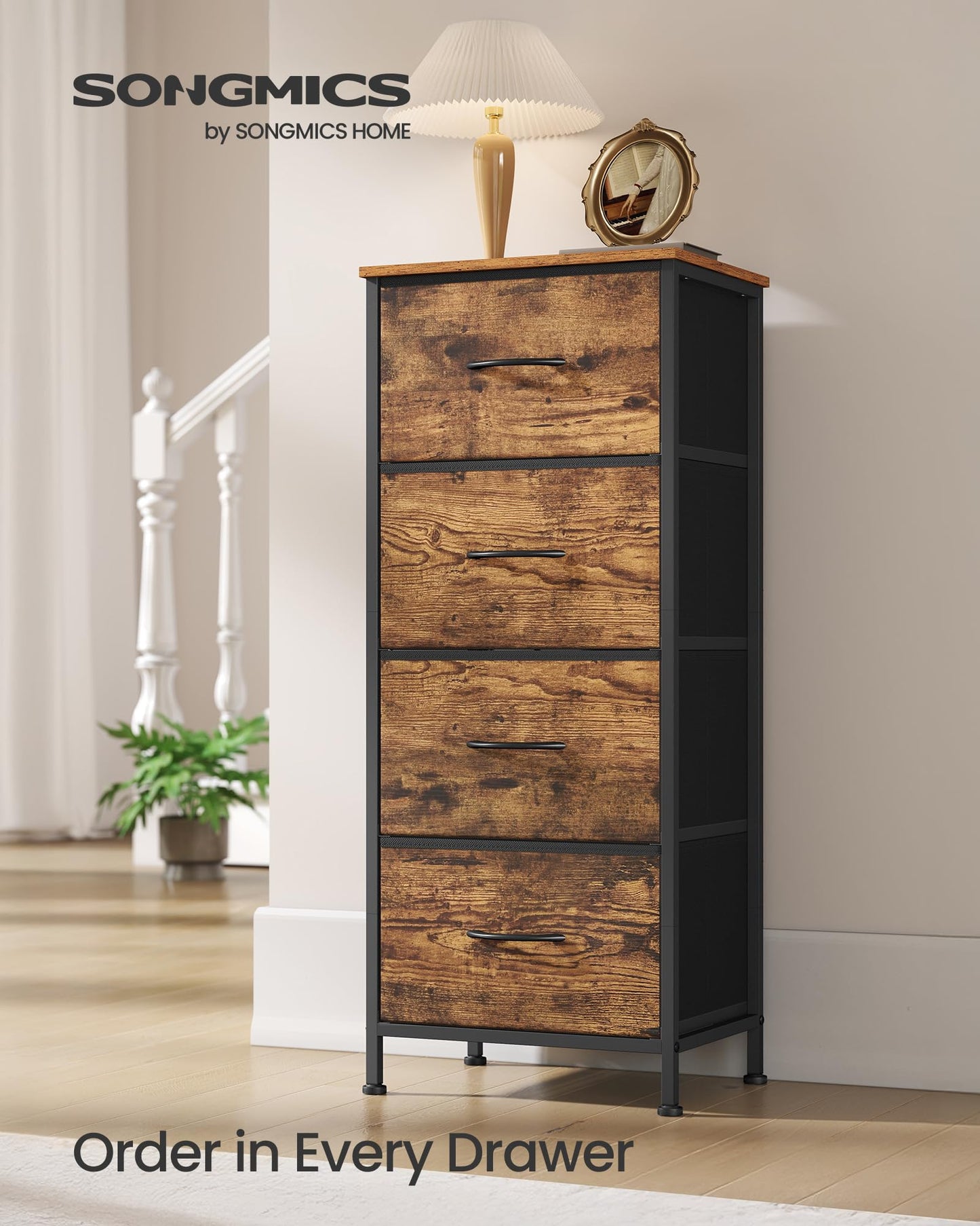SONGMICS Dresser for Bedroom, Chest of Drawers, Steel, MDF, 4 Non-Woven Fabric Drawers, Storage Organizer Unit, Closet, Entryway, Rustic Brown and Ink Black ULGS314B02S