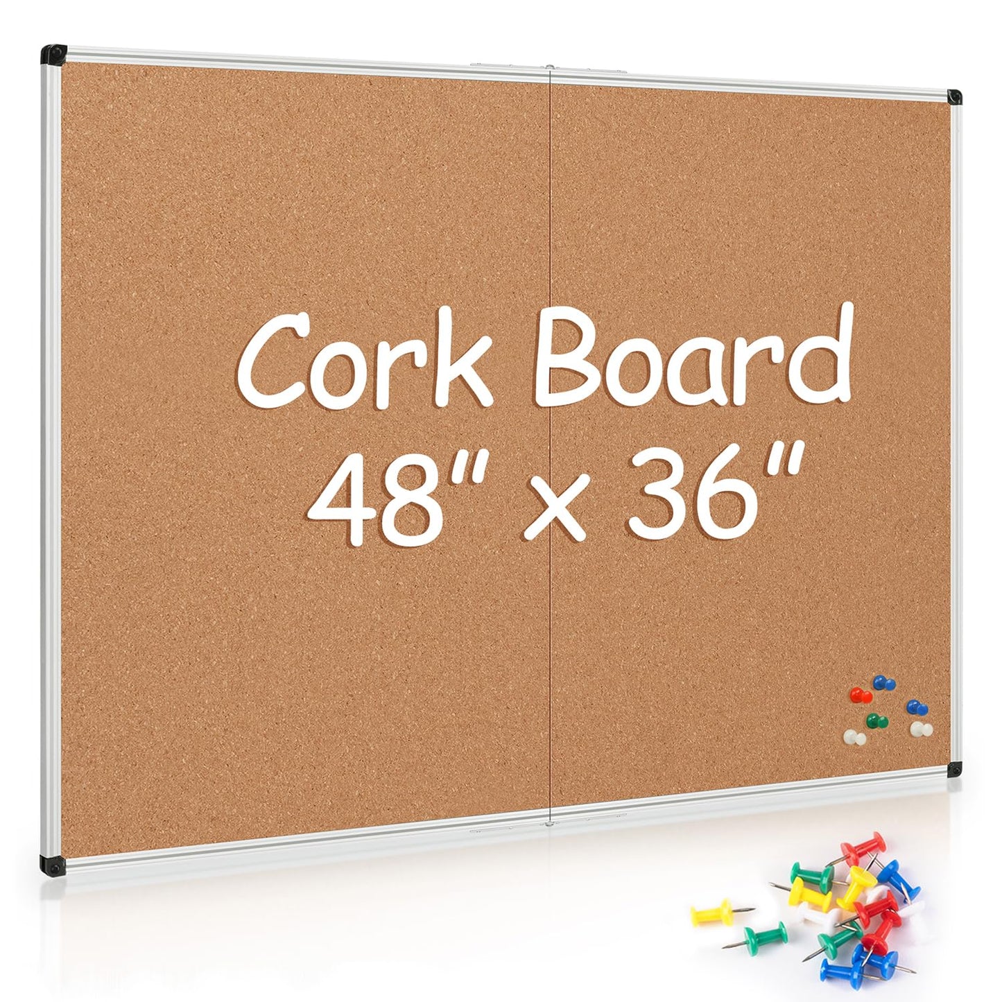 Board2by Cork Board Bulletin Board 36 x 48, Silver Aluminium Framed 4x3 Corkboard, Foldable Office Board for Wall, Large Wall Mounted Notice Pin Board with 36 Push Pins for School, Home & Office